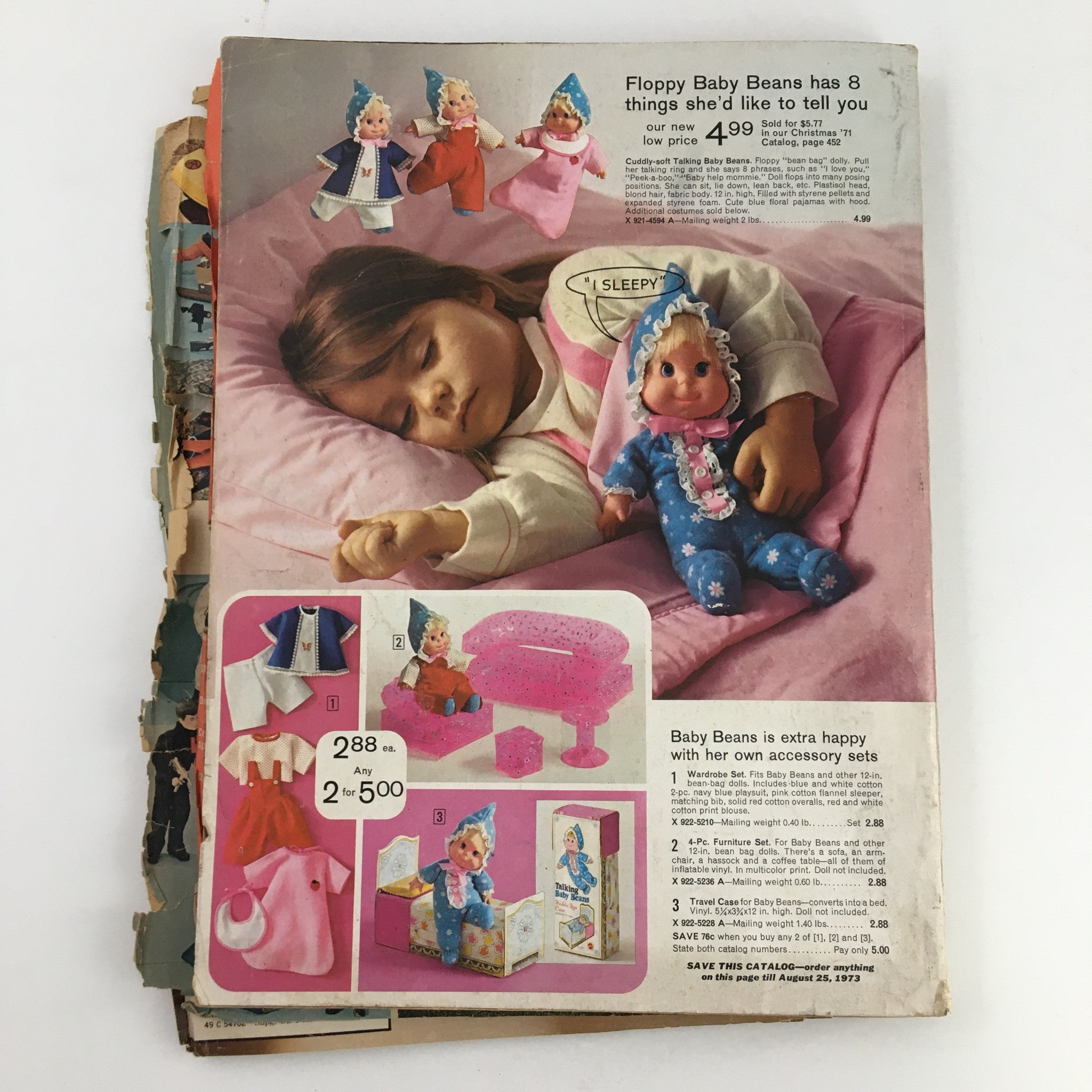 Back cover of the 1972 JCPenney Christmas Toys and Giftwares Price Guide Catalog displaying Floppy Baby Beans toy, showcasing its features and accessories.