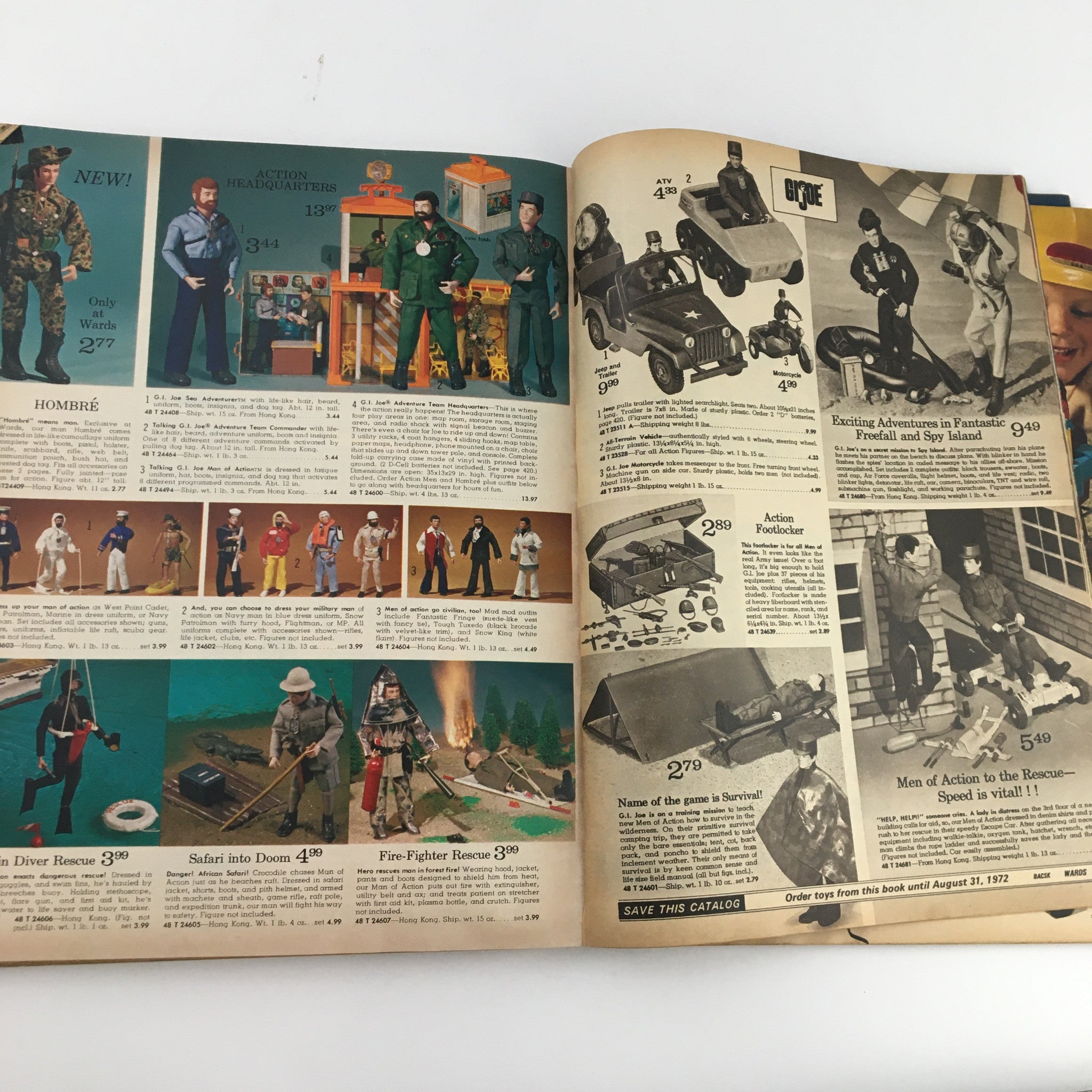 1971 Montgomery Ward Raggedy Dolls Christmas Price Guide Catalog interior page showcasing various action figures and toys from the era, complete with prices and descriptions, ideal for collectors.