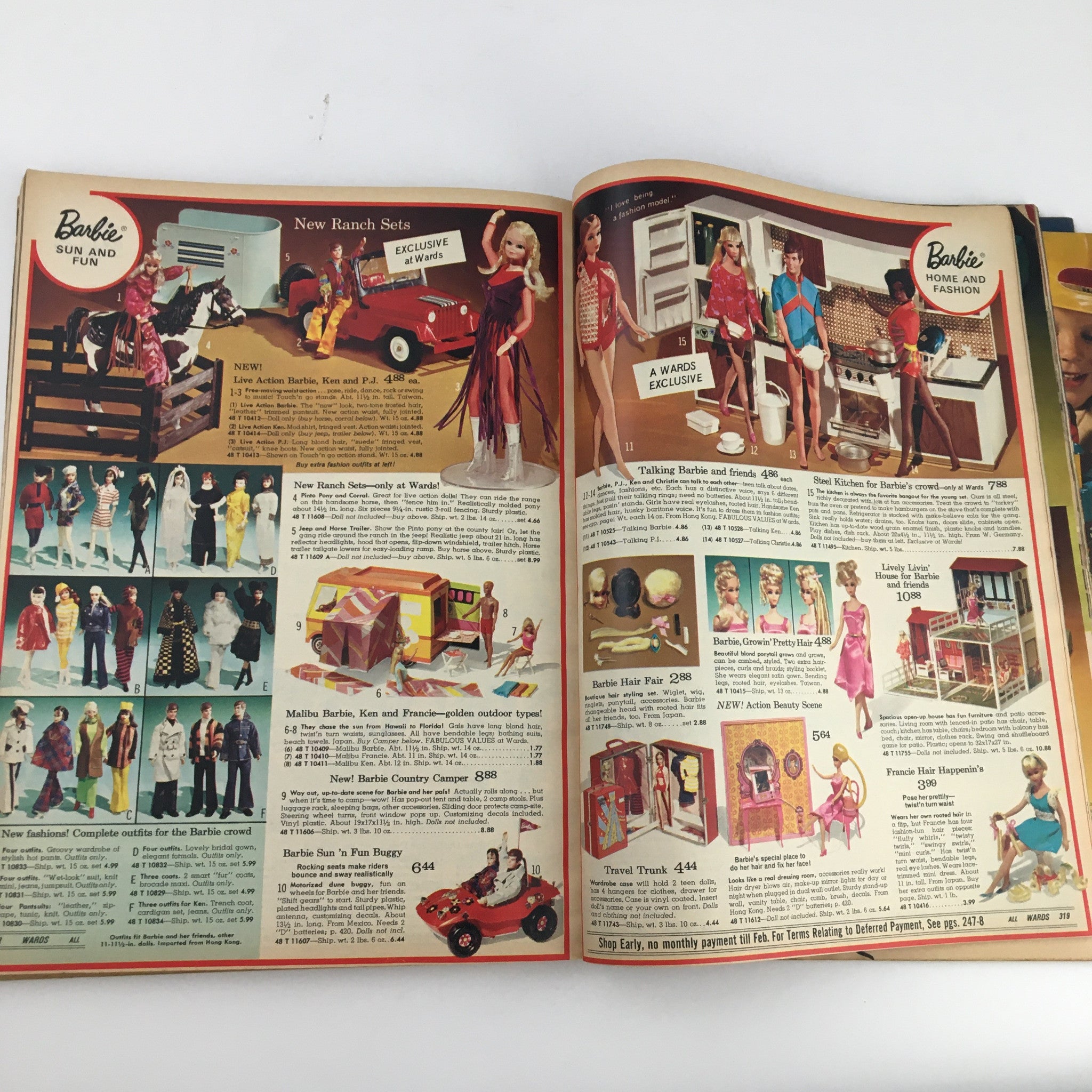 Image from the 1971 Montgomery Ward Raggedy Dolls Christmas Price Guide Catalog displaying Barbie toys and accessories, with prices and descriptions of various items for collectors.