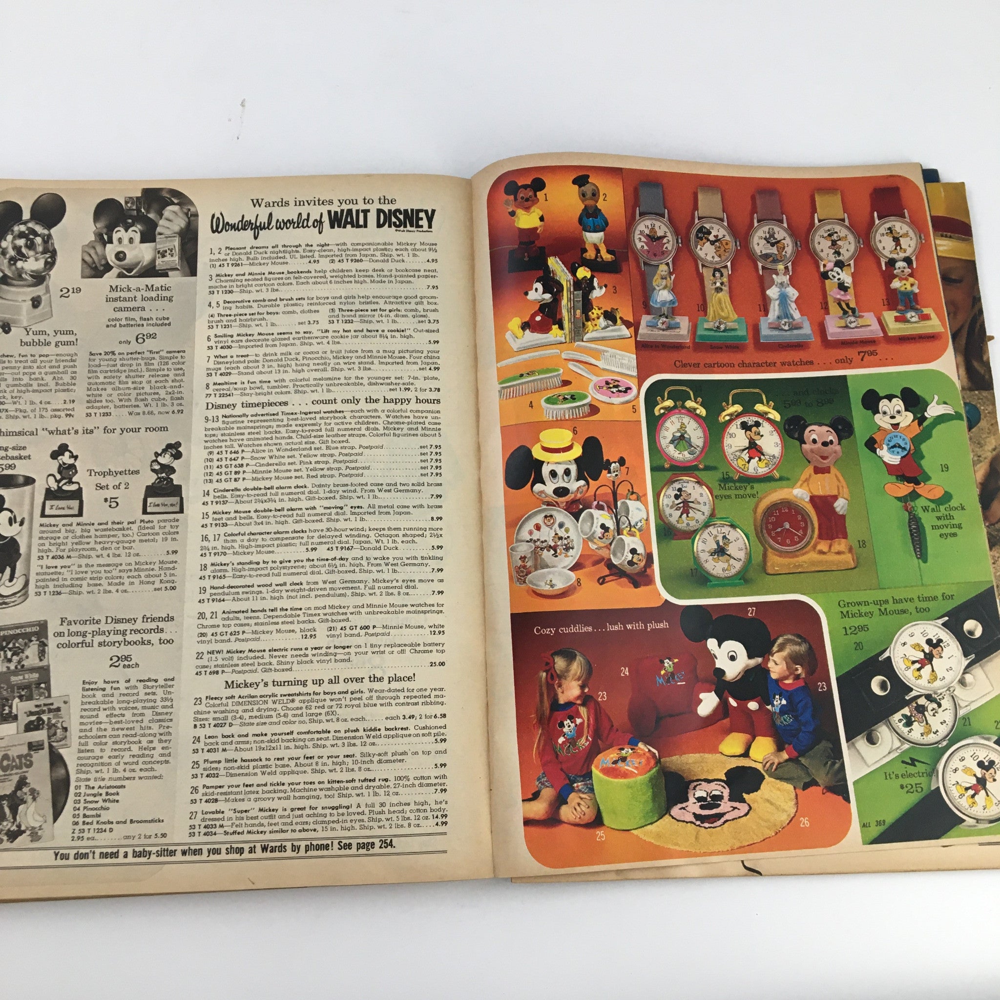 Page from the 1971 Montgomery Ward Raggedy Dolls Christmas Price Guide Catalog dedicated to Walt Disney-themed items, including watches and toy figures, along with their prices.