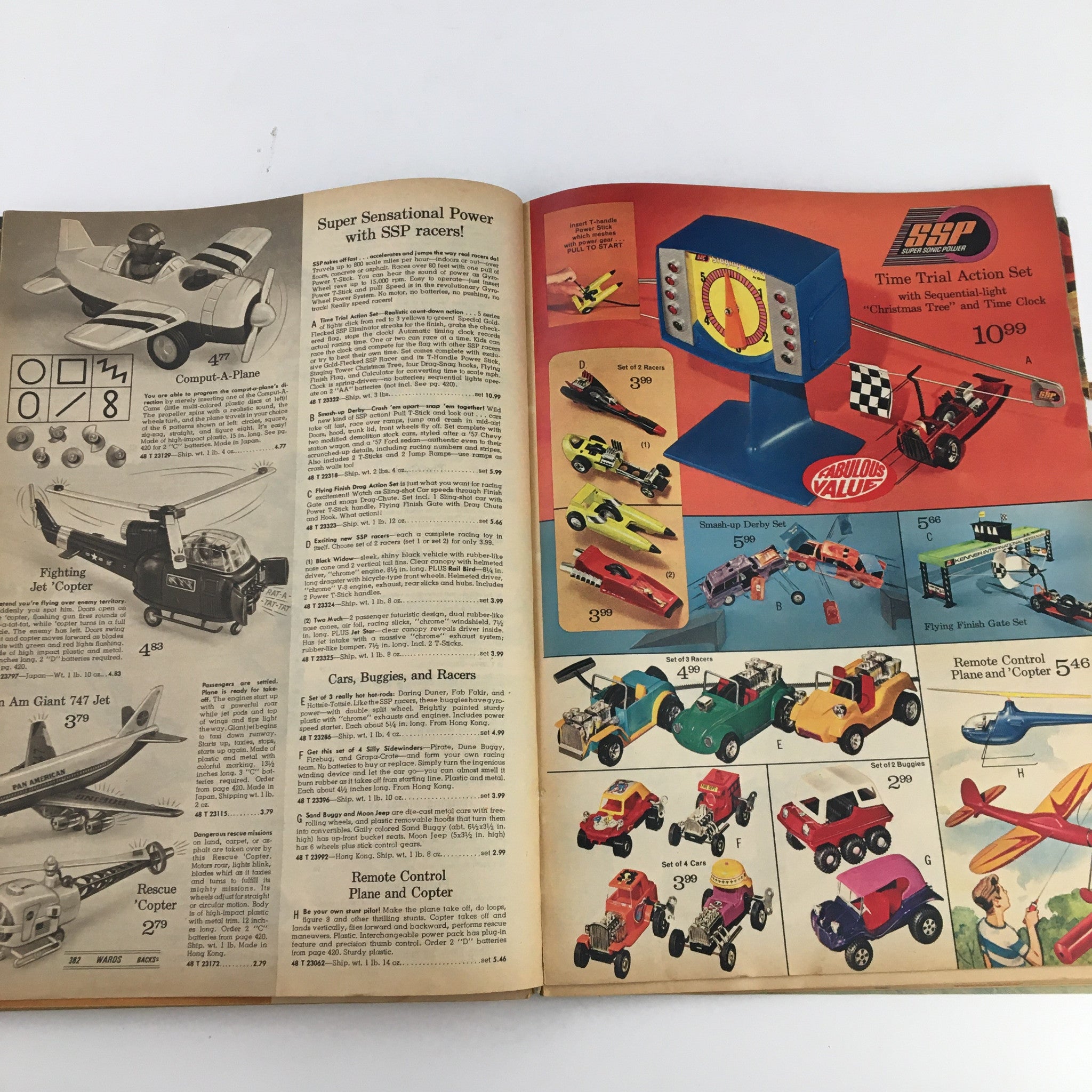 1971 Montgomery Ward Raggedy Dolls Christmas Price Guide Catalog showcasing various toys like remote control cars, buggies, and planes, with prices and vibrant illustrations.