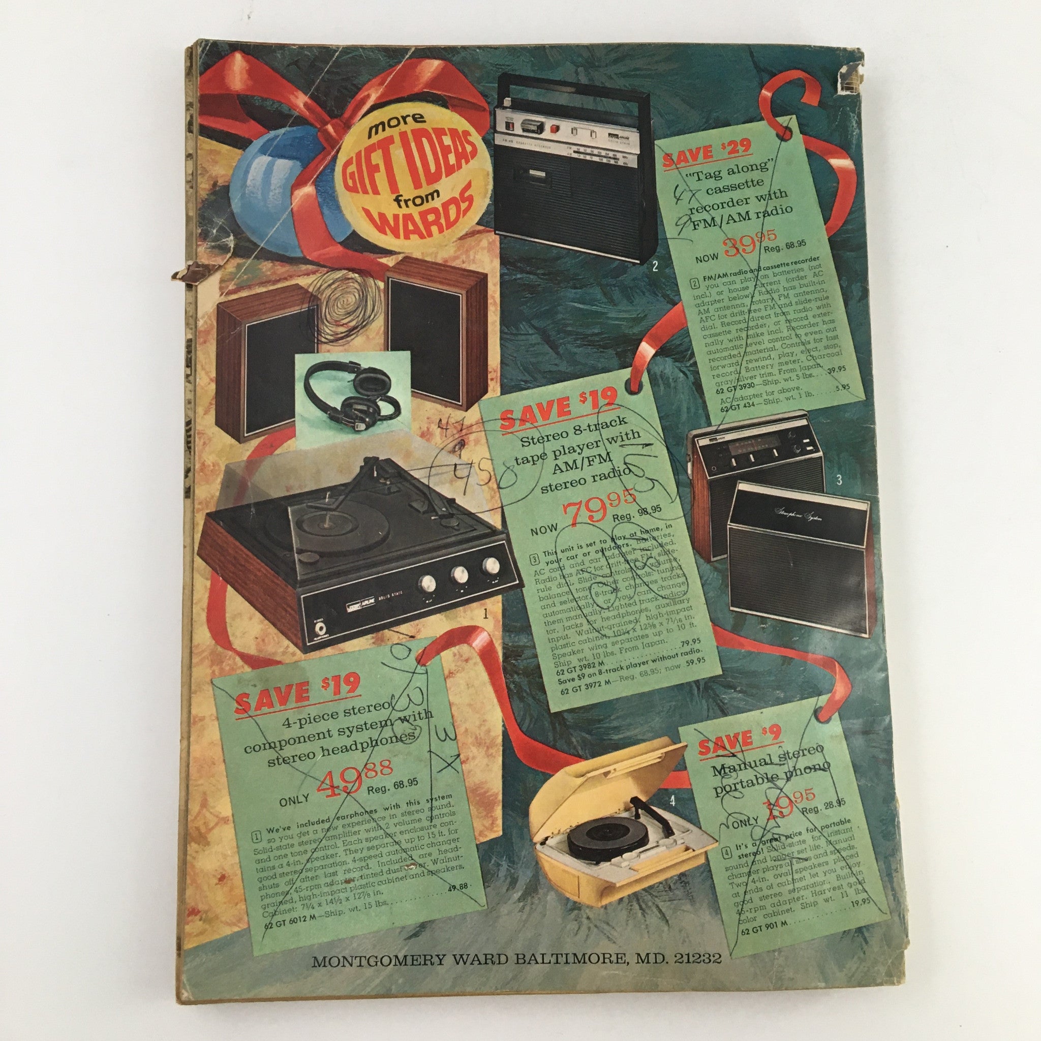 1971 Montgomery Ward Raggedy Dolls Christmas Price Guide Catalog back cover with audio equipment gift ideas, including prices and a stylized design.
