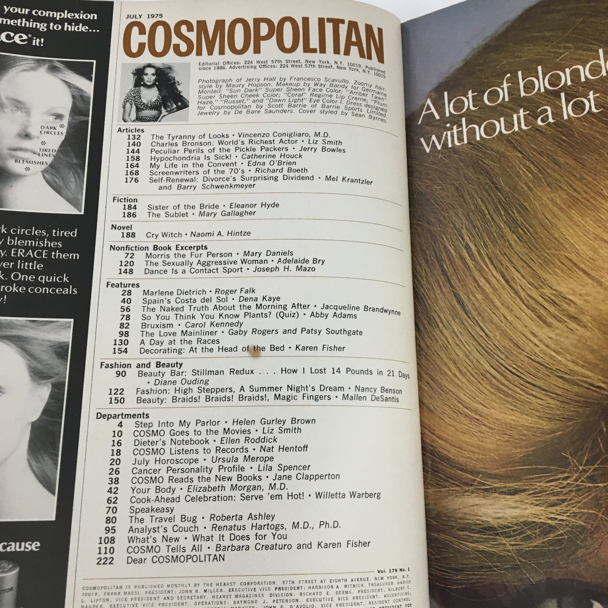 Cosmopolitan Magazine July 1975 Cover Photo of Jerry Hall & Charles Bronson