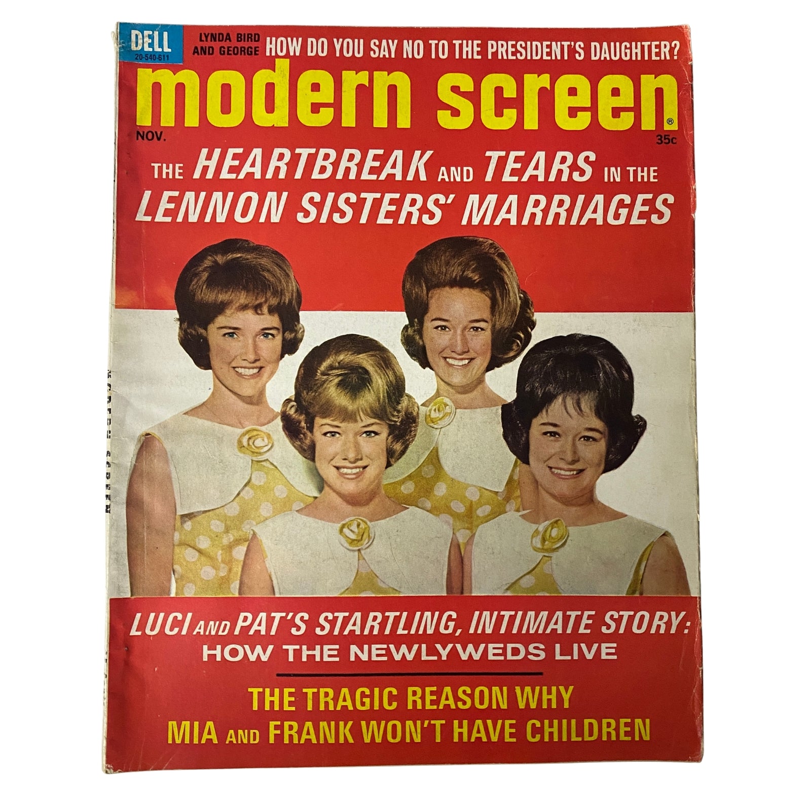 Cover of Modern Screen Magazine from November 1966 featuring the Lennon Sisters, highlighting 'The Heartbreak and Tears in the Lennon Sisters' Marriages'. This vintage magazine cover showcases 1960s celebrity culture.