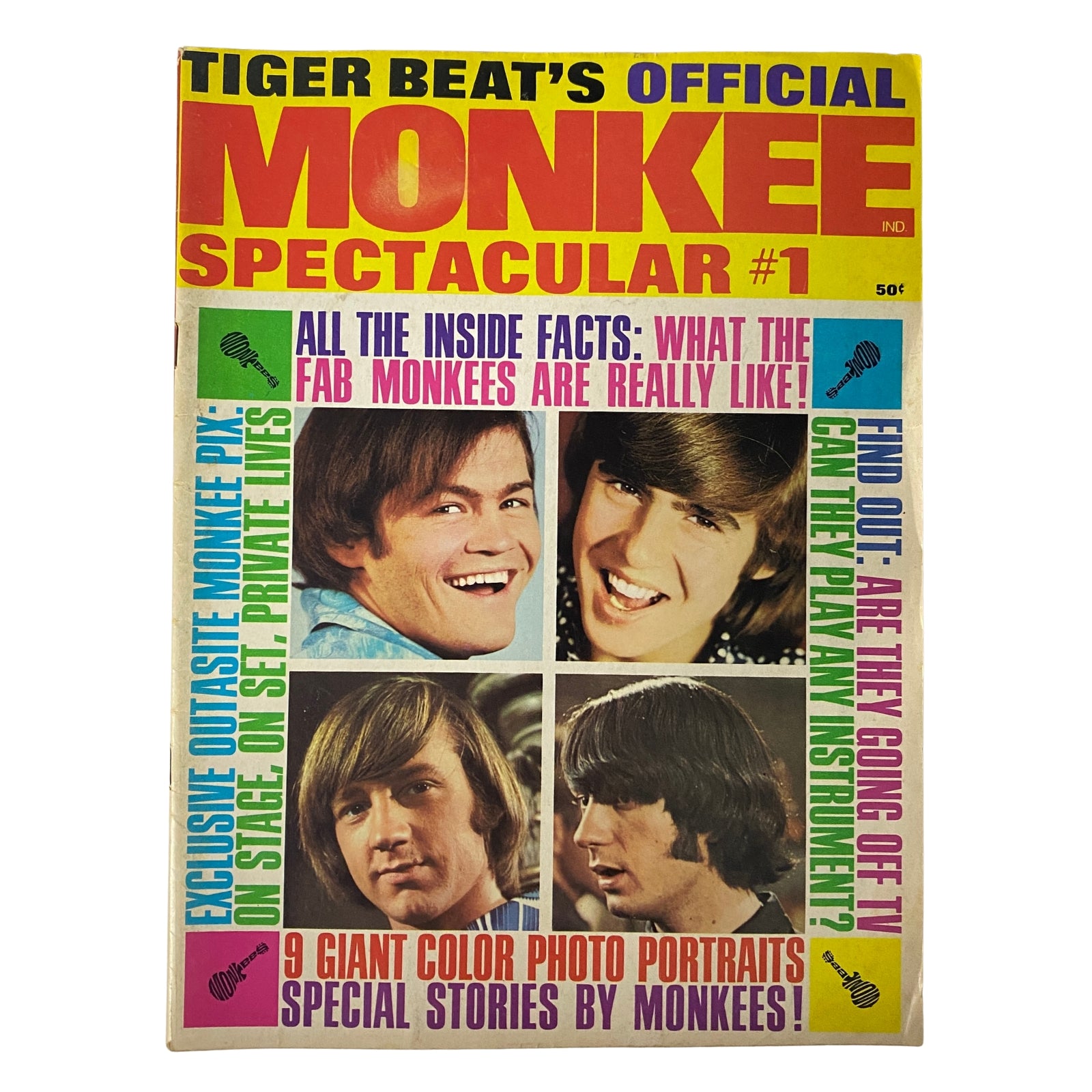 Tiger Beat's Official April 1967 #1 Monkee Spectacular magazine cover featuring iconic images of The Monkees, highlighting exclusive insights, facts, and color portraits.