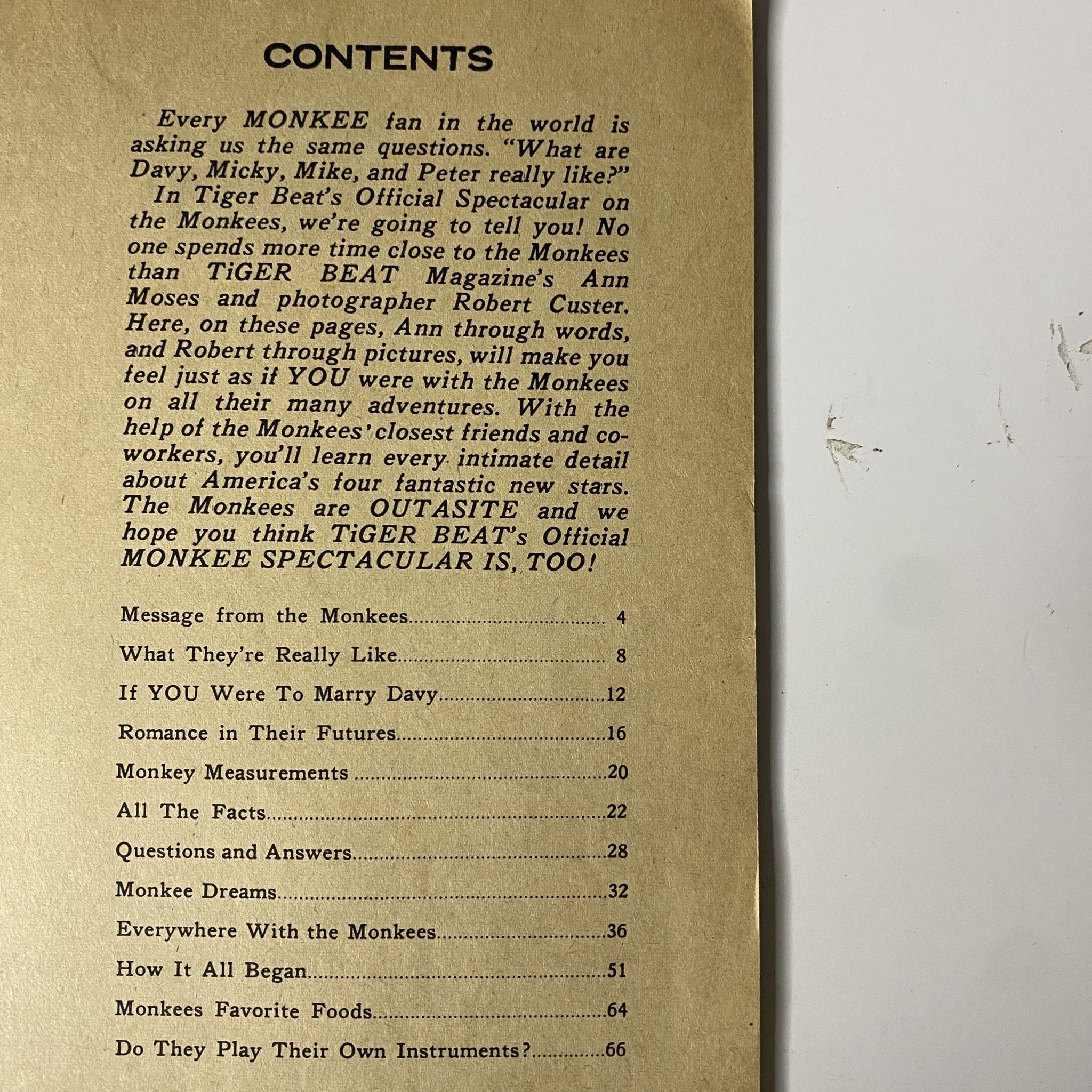 Contents page of Tiger Beat's Official April 1967 #1 Monkee Spectacular, featuring articles and features about The Monkees, including messages from the band and Q&As with fans.