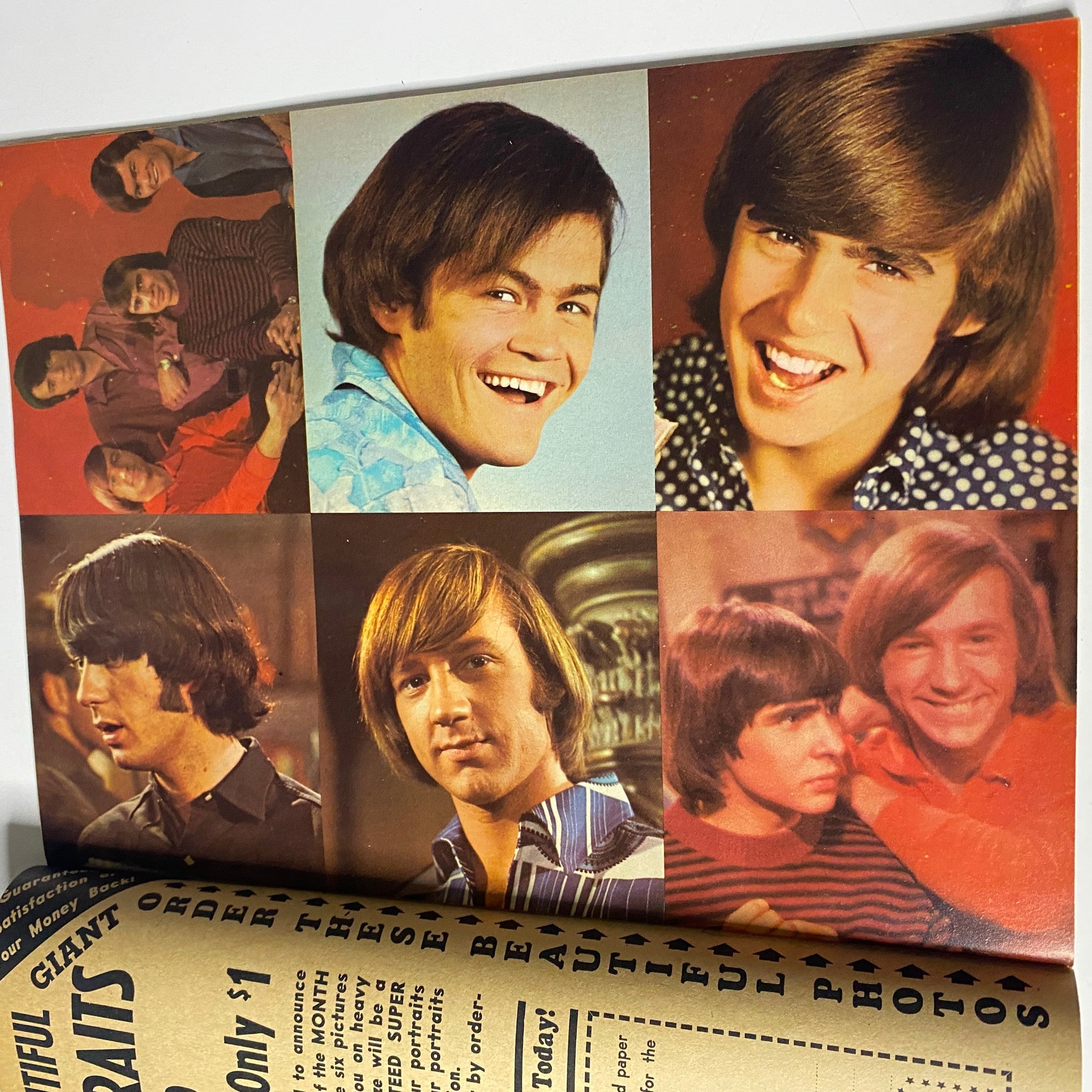 Collage of images from Tiger Beat's Official April 1967 #1 Monkee Spectacular showcasing The Monkees in candid moments, reflecting their popularity and style during the 1960s.