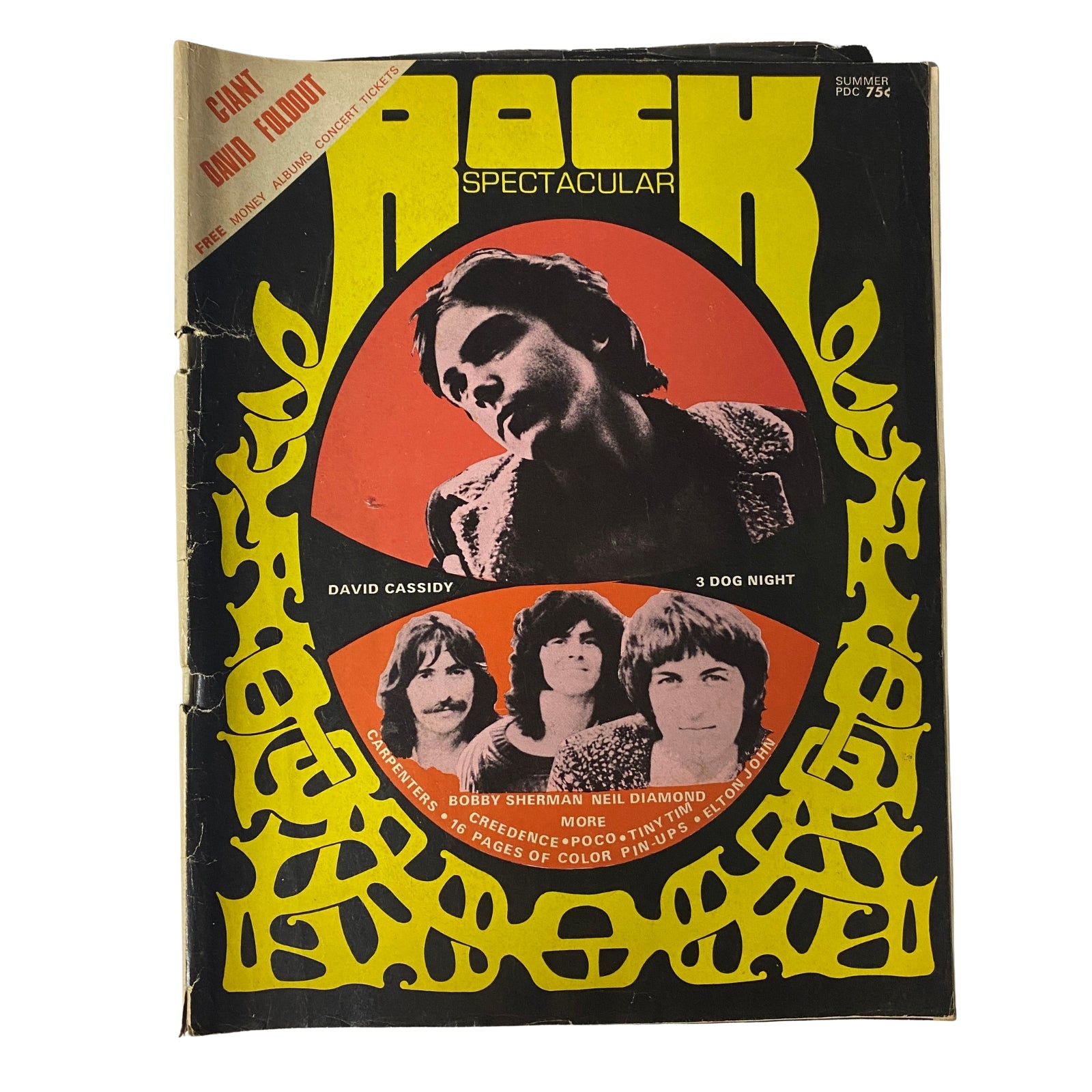 Cover of Rock Spectacular Magazine 1970 featuring David Cassidy, Bobby Sherman, and 3 Dog Night, showcasing vibrant colors and iconic graphics.