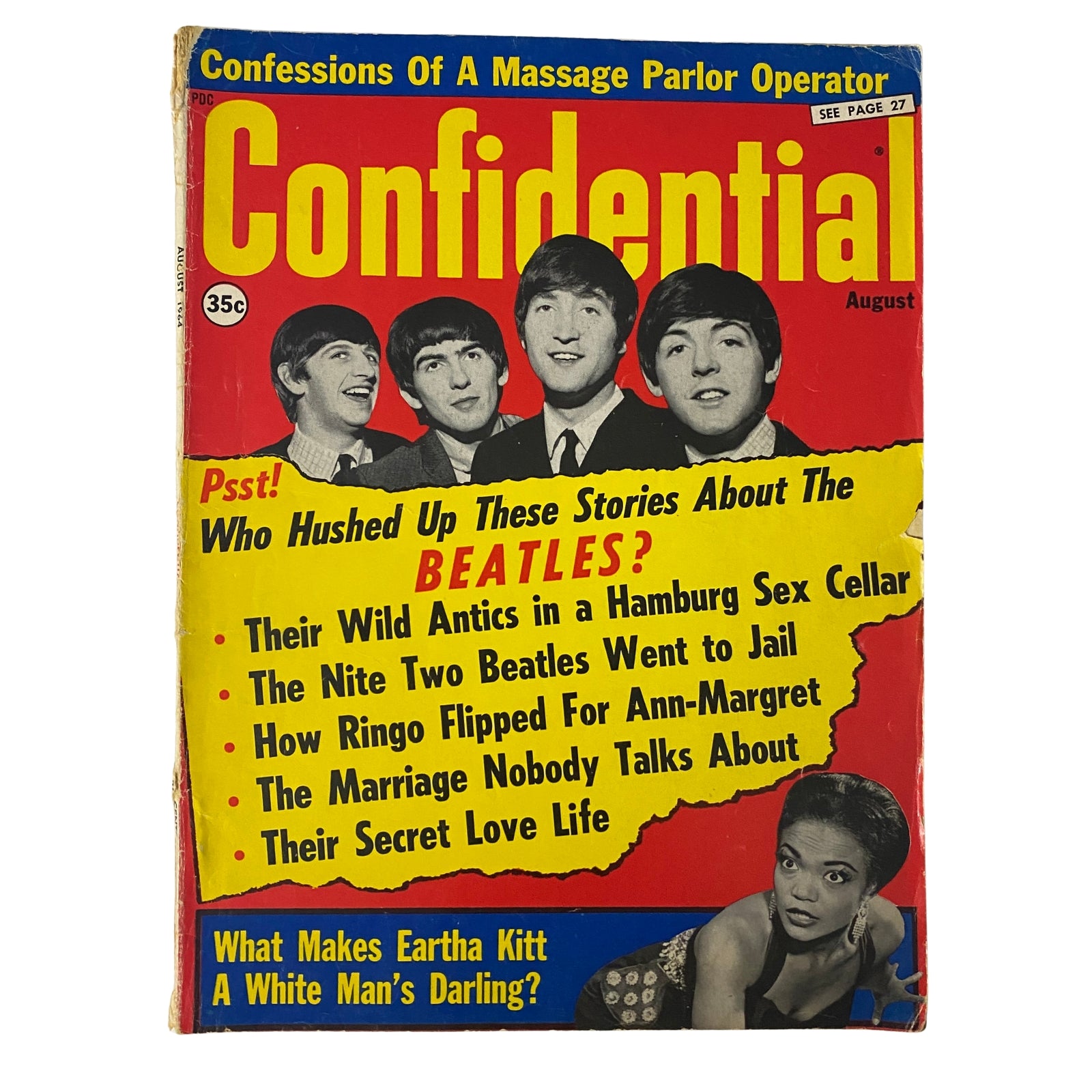 Cover of Confidential Magazine August 1964 Vol. 12 No. 8 featuring The Beatles with the headline 'Psst! Who Hushed Up These Stories About the Beatles?' offering a glimpse into celebrity gossip and scandals.