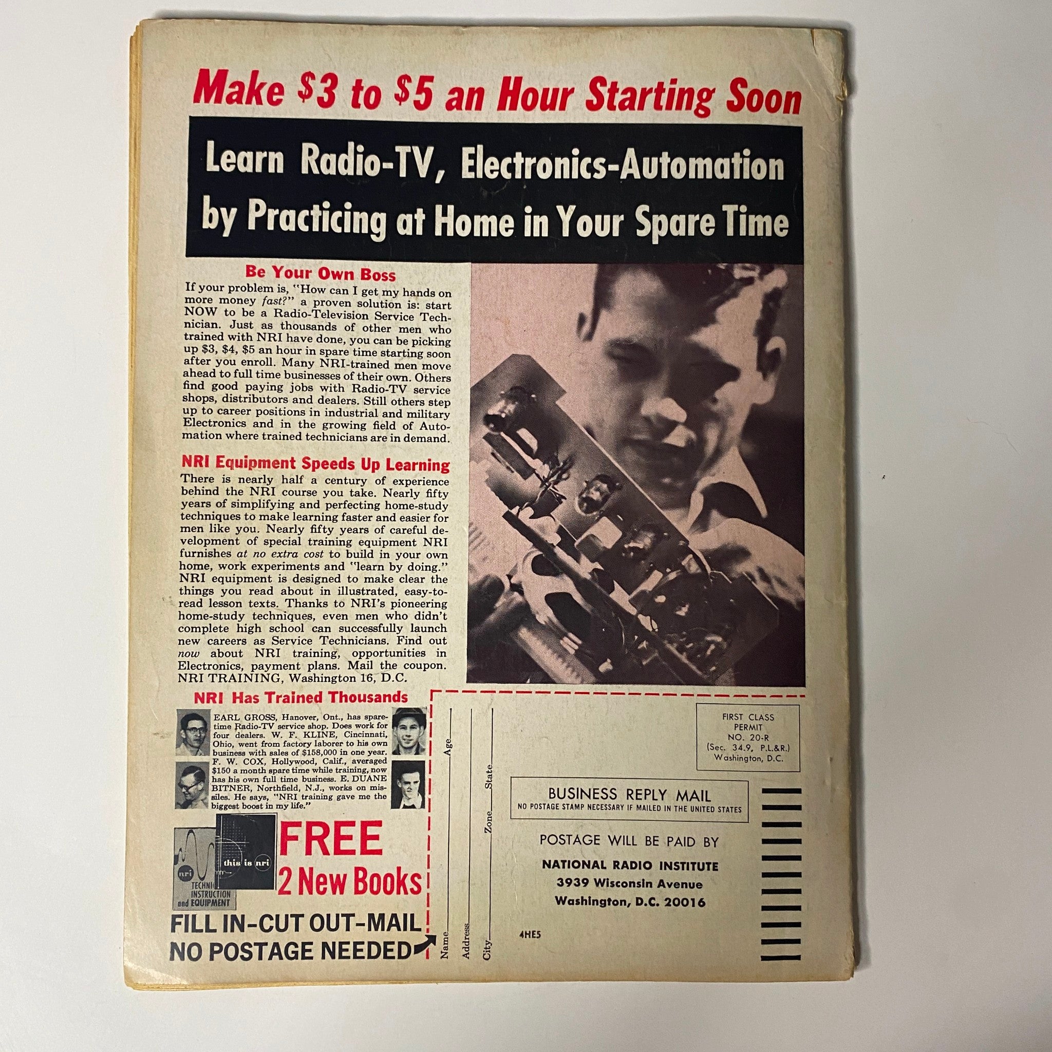 Back cover of Confidential Magazine August 1964 Vol. 12 No. 8 highlighting an advertisement for learning opportunities in electronics and radio television.