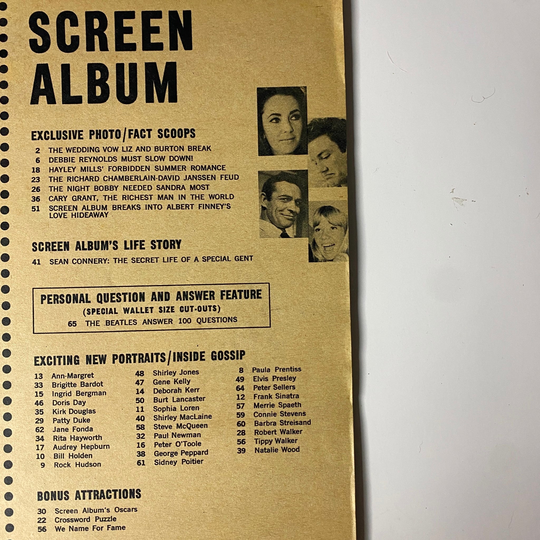 Table of contents from Screen Album Magazine October 1964 featuring Hayley Mills, Richard Chamberlain, and other Hollywood stars, showcasing various articles and gossip features.