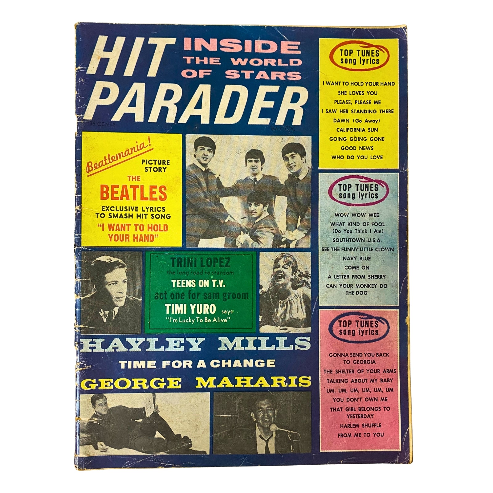 Cover of Hit Parader Magazine May 1964 featuring The Beatles, Hayley Mills, Trini Lopez, and George Maharis. The magazine highlights the pop culture of the mid-1960s.