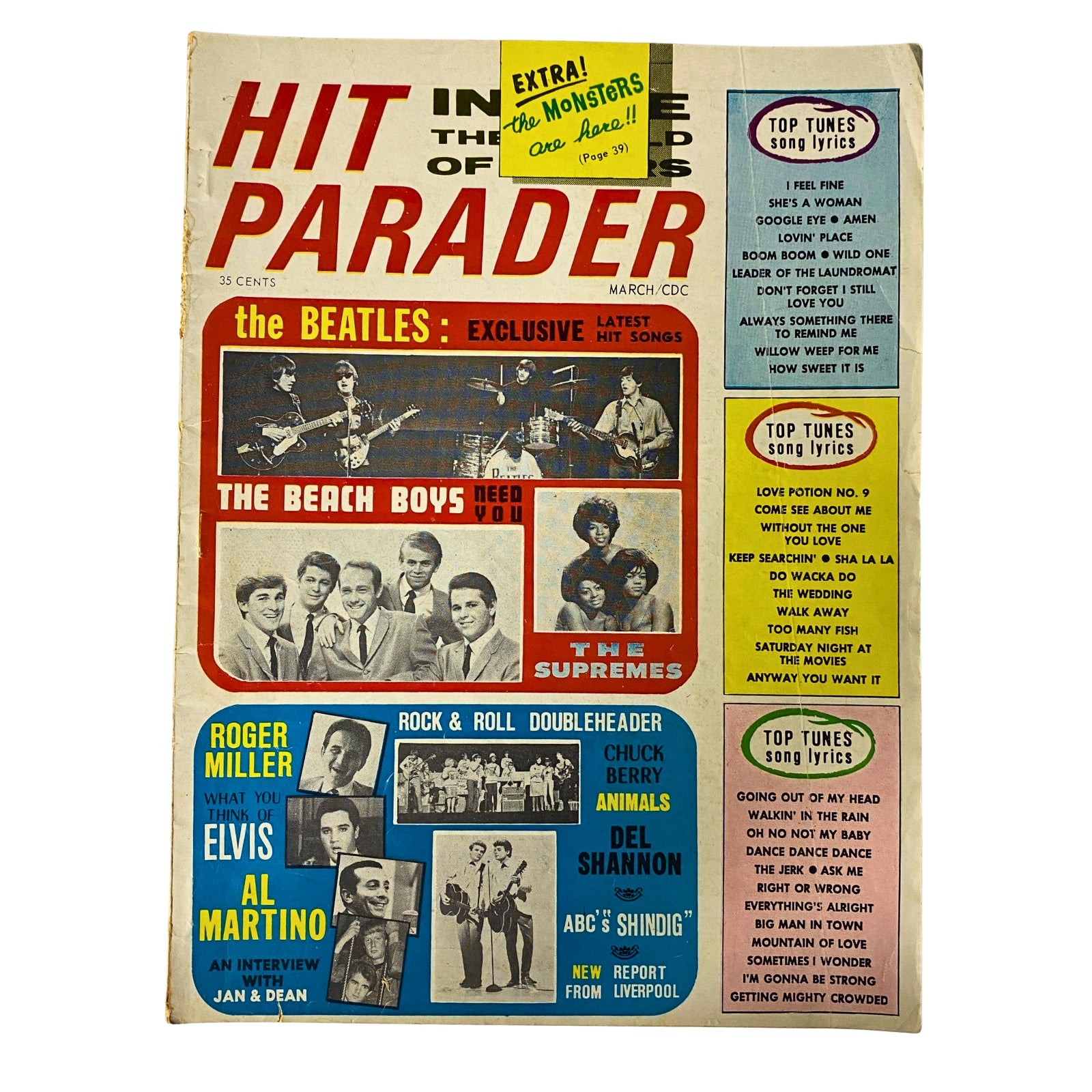 Hit Parader Magazine March 1965 cover featuring The Beatles, The Beach Boys, and The Supremes, showcasing notable artists of the era.