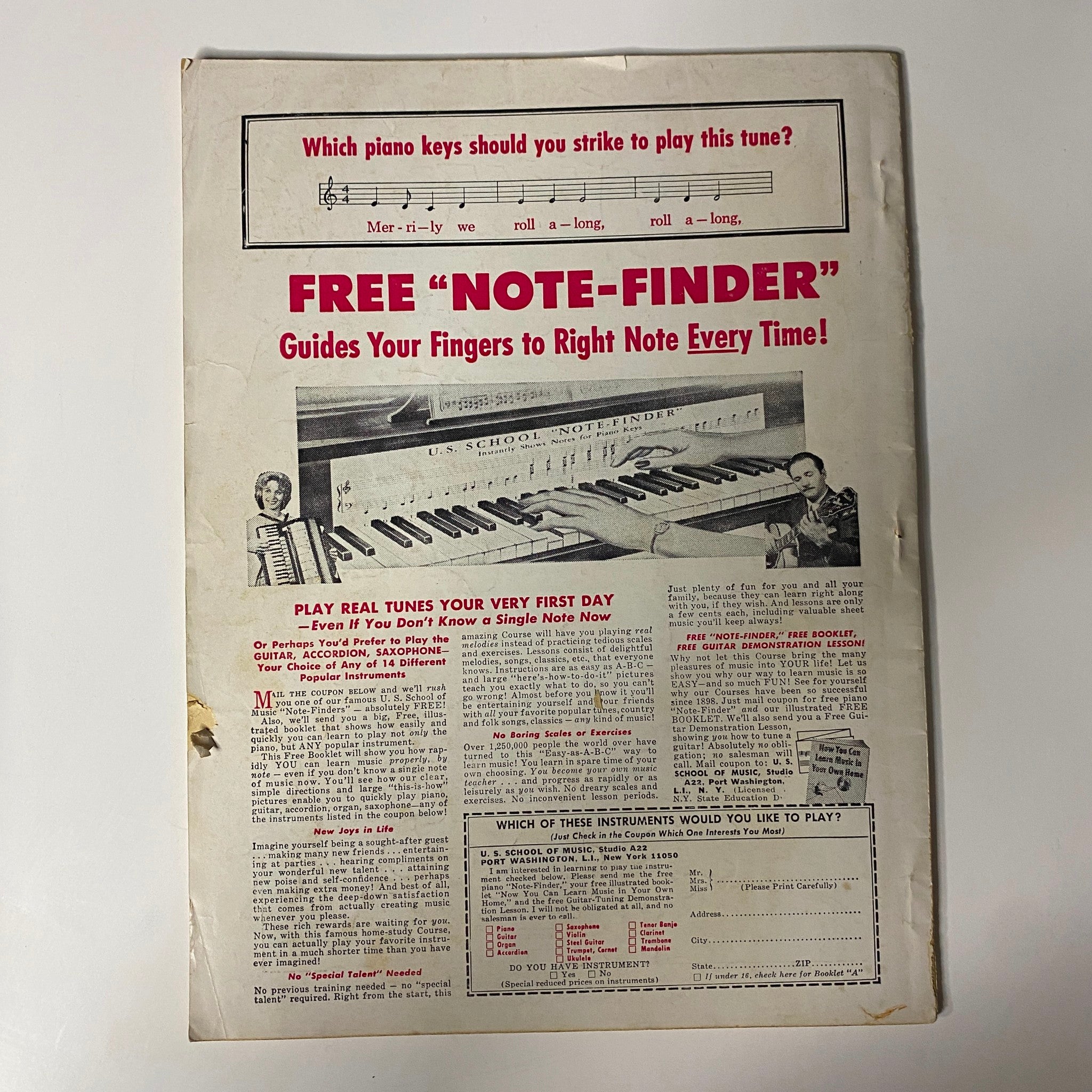 Back cover of Hit Parader Magazine March 1965, promoting a free note-finder tool for piano learners, highlighting music education resources.