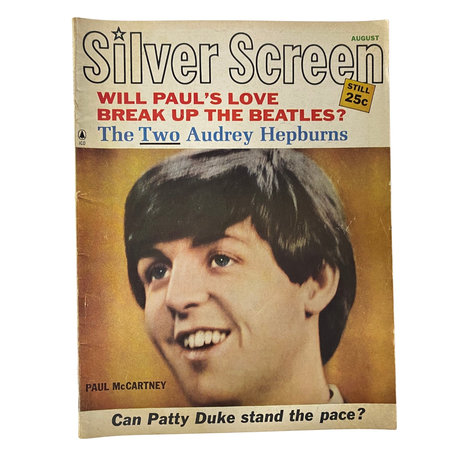 Cover of Silver Screen Magazine August 1964, Vol 29 No 6 featuring Paul McCartney with the headline 'Will Paul's Love Break Up The Beatles?' alongside a feature on 'The Two Audrey Hepburns'.