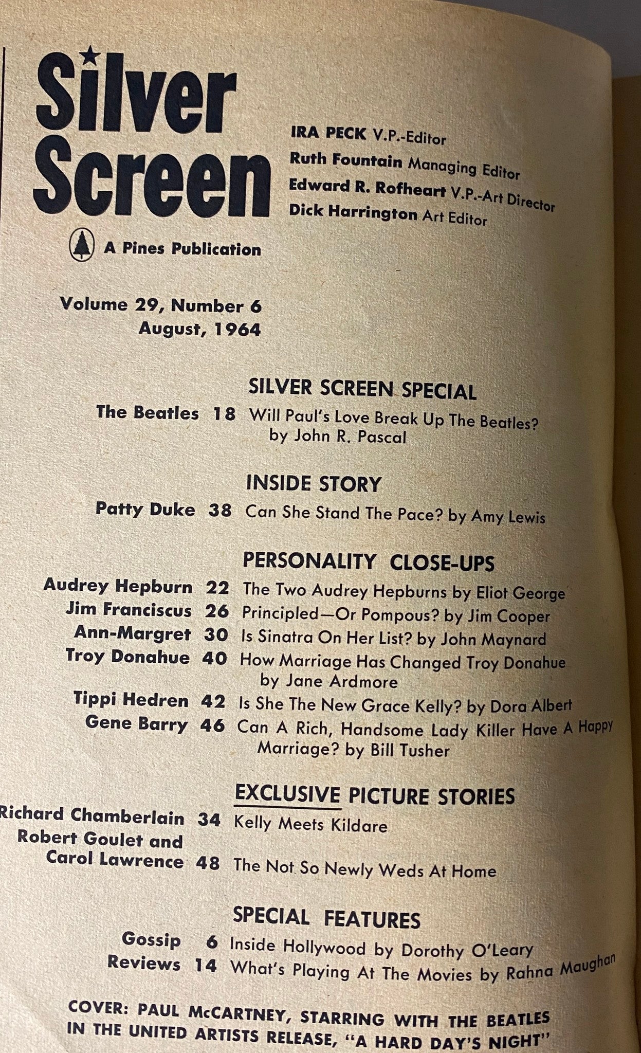 Silver Screen Magazine August 1964 Vol 29 No. 6 featuring articles on Paul McCartney and The Beatles, and other Hollywood stars. An informative page displaying the magazine's table of contents.