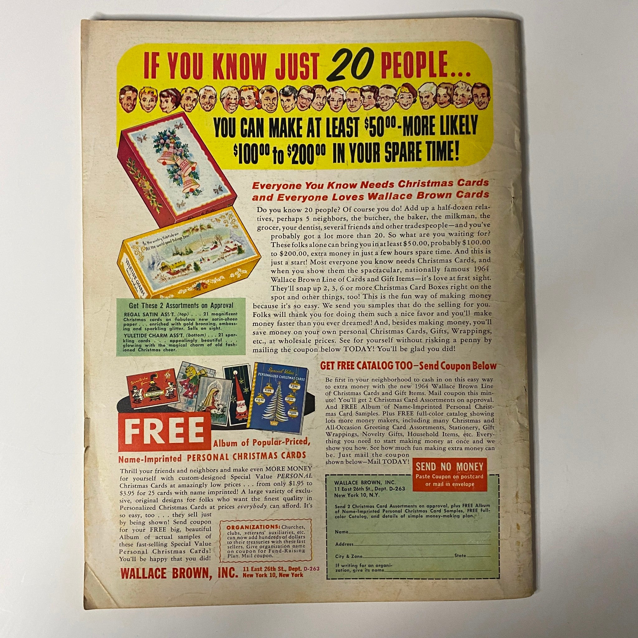 Back cover of Silver Screen Magazine August 1964 Vol 29 No. 6, showcasing an advertisement for personal Christmas cards and promotions by Wallace Brown.