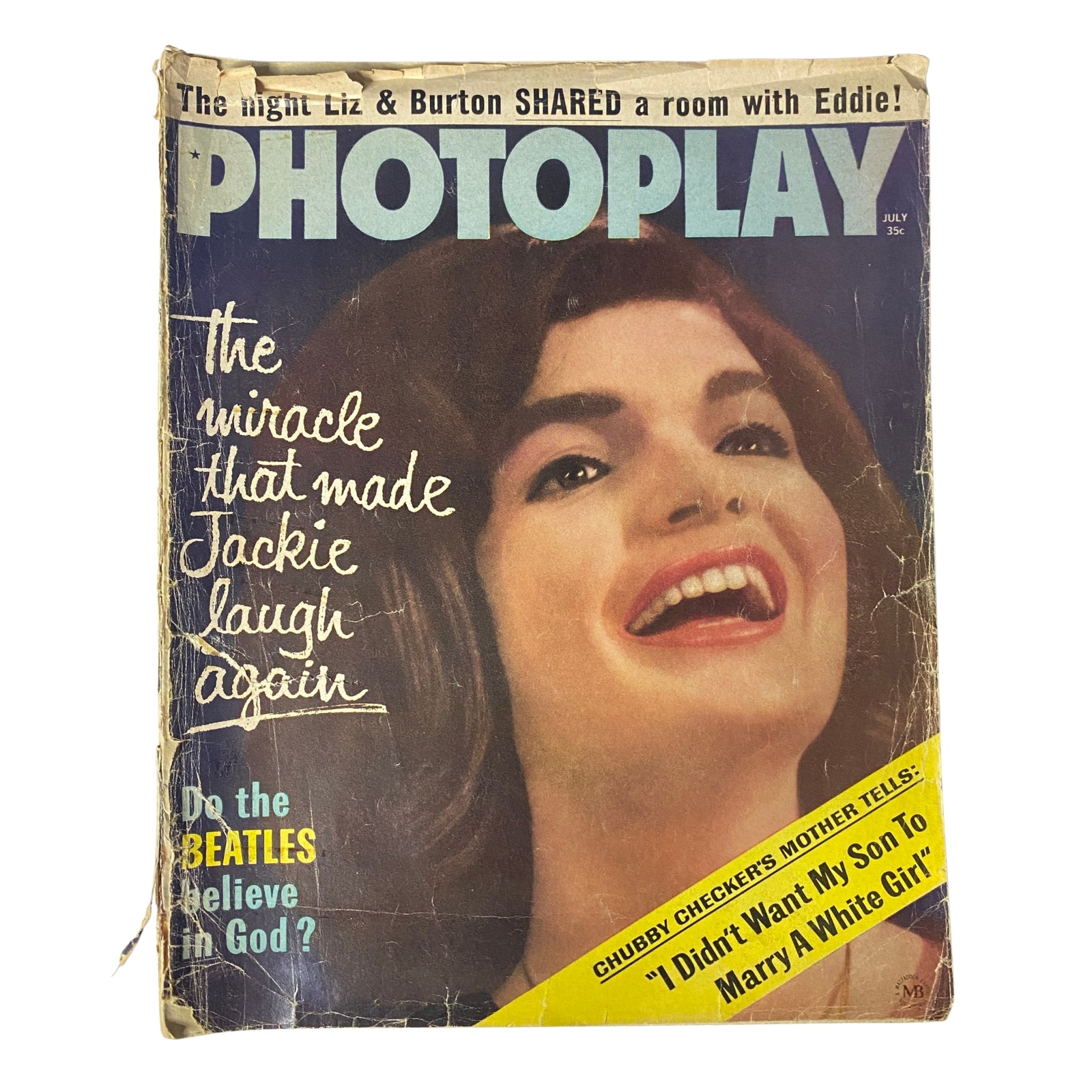 Cover of Photoplay Magazine July 1964 Vol 66 No. 1 featuring Jackie Kennedy with the headline "The Miracle That Made Jackie Laugh Again" alongside mentions of The Beatles and Liz & Burton.