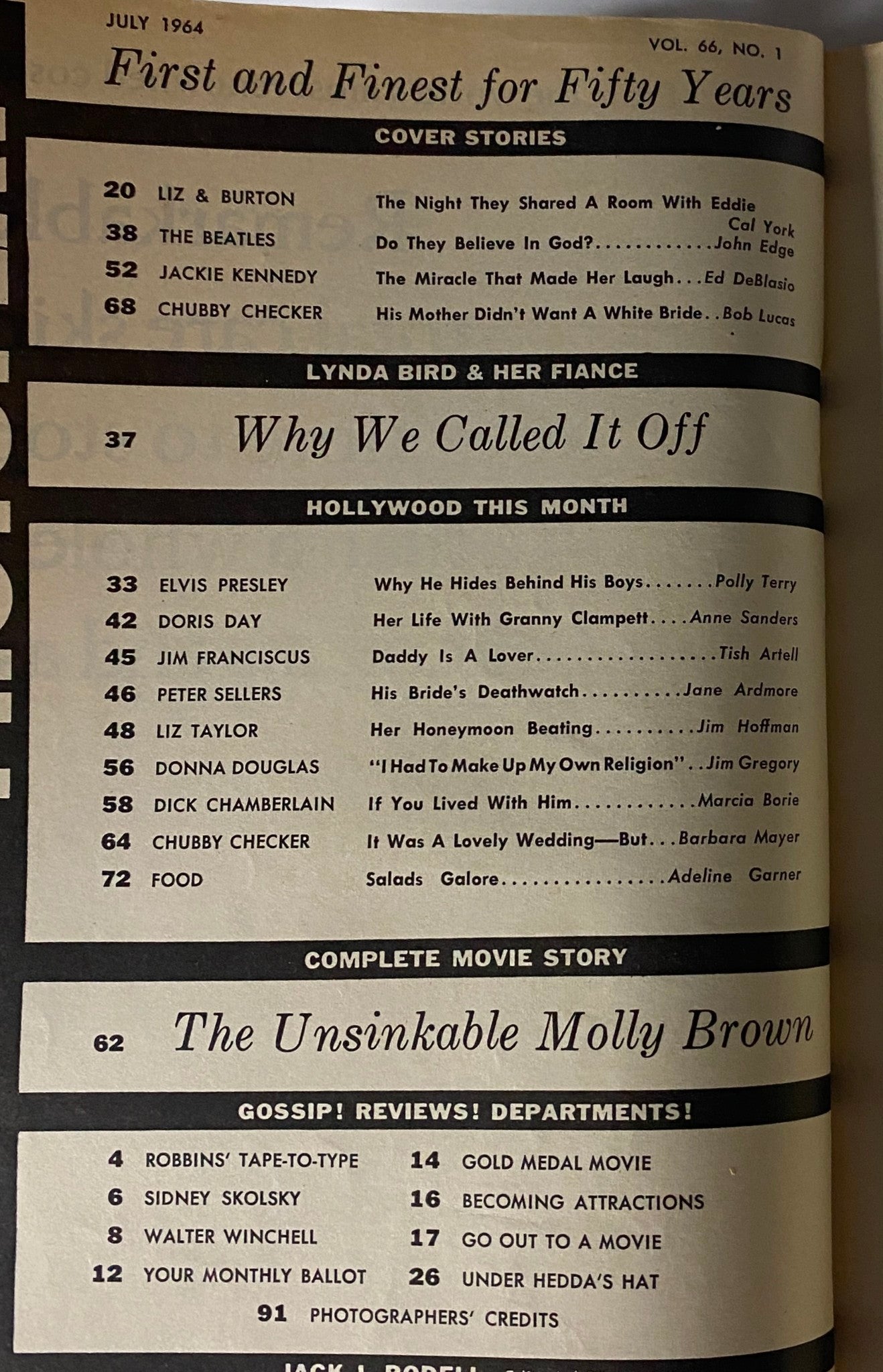 Interior page from Photoplay Magazine July 1964 Vol 66 No. 1 featuring a table of contents listing articles about celebrities like Jackie Kennedy, The Beatles, and Chubby Checker. The magazine captures the essence of mid-1960s pop culture.