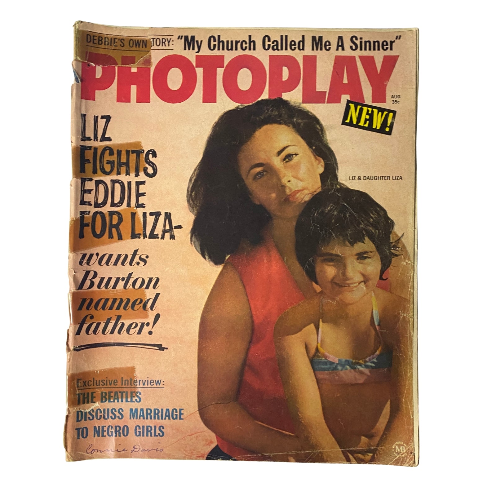 Photoplay Magazine August 1964 featuring Elizabeth Taylor and her daughter Liza. The cover highlights the story 'Liz Fights Eddie for Liza' and includes a photo of the two together. This vintage magazine reflects the glamour and drama of mid-1960s Hollywood.