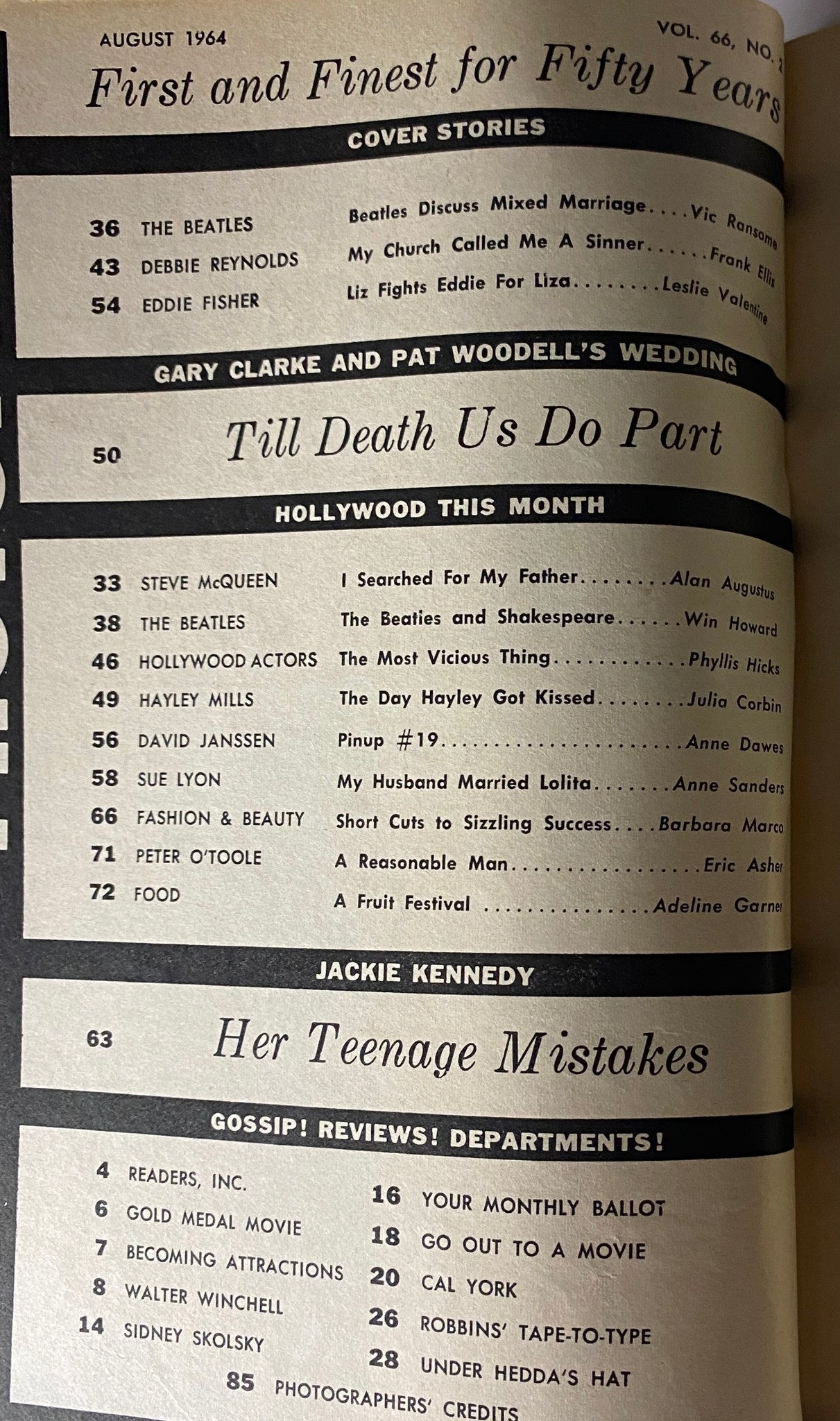 Interior page from Photoplay Magazine August 1964 showcasing the contents section with mentions of cover stories including Elizabeth Taylor, Eddie Fisher, and unique features like 'Gary Clarke and Pat Woodell's Wedding'. A glimpse into the cultural icons of the 1960s.