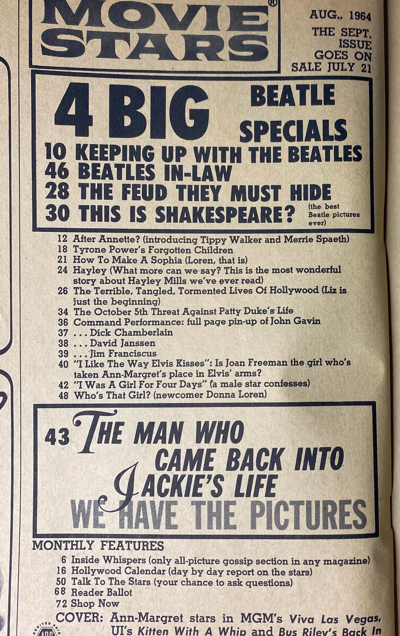Inside page from Movie Stars Magazine August 1964 showcasing four big Beatles specials and celebrity features.