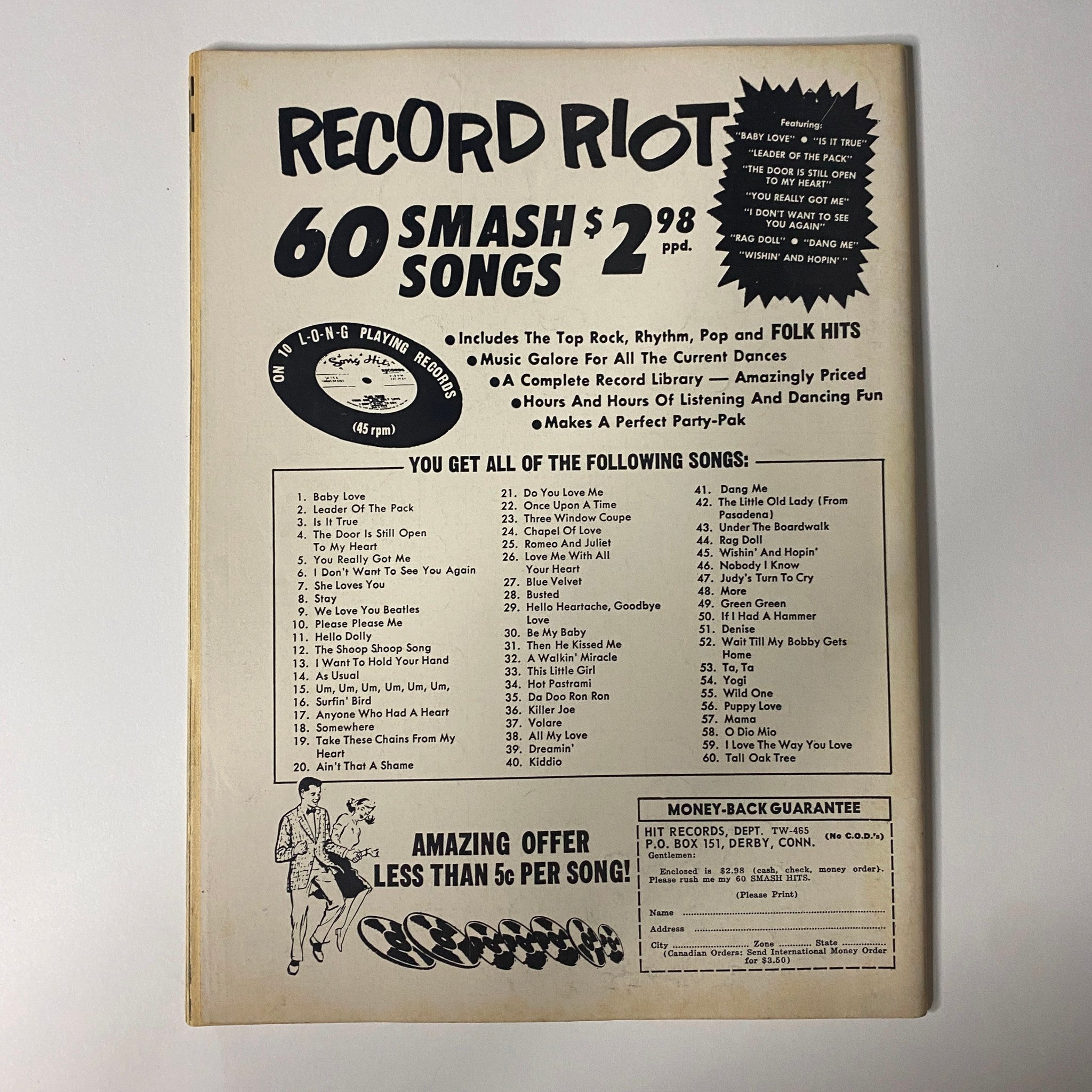 Back cover of Teen World Magazine April 1965 Vol 8 No. 1 showcasing an advertisement for 'Record Riot' featuring 60 smash songs for $2.98.