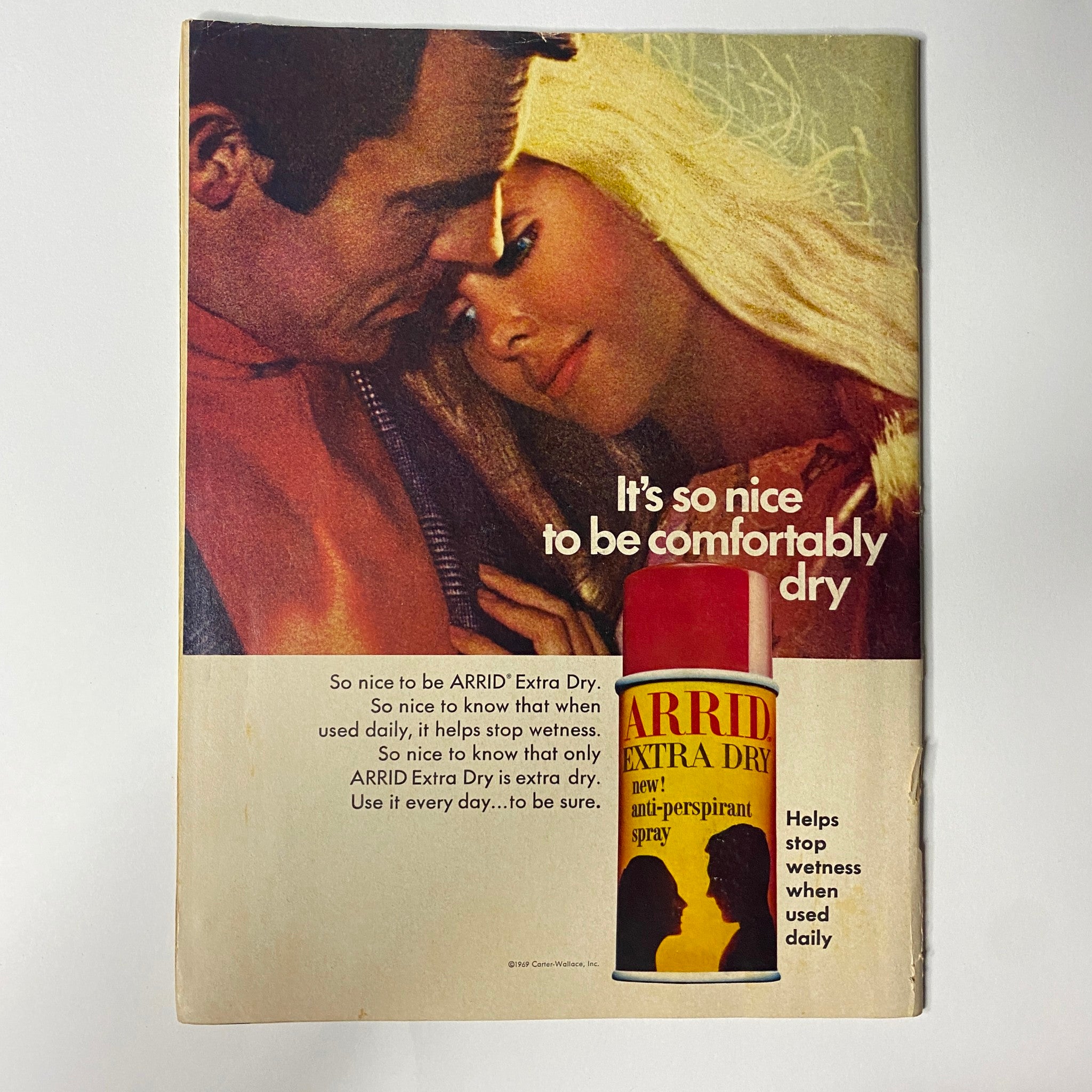 Vintage advertisement for ARRID Extra Dry antiperspirant from America's Underthirty Magazine July 1969 Vol 5 No. 6, showcasing a couple and highlighting its effectiveness.