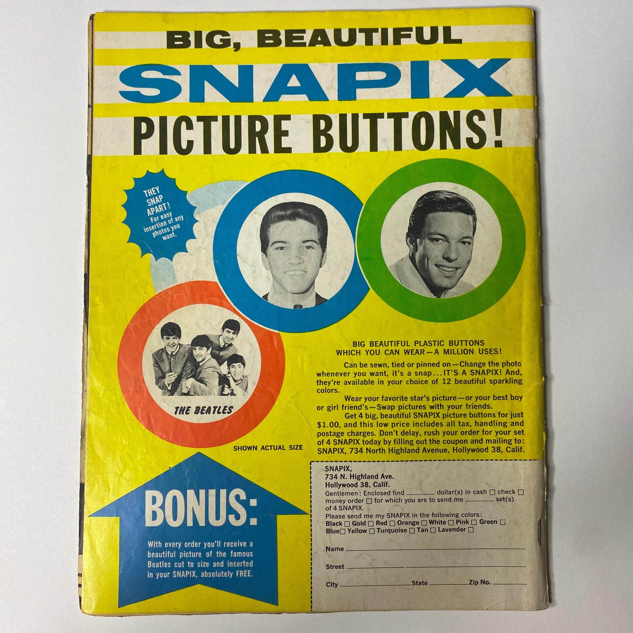 Dig Magazine July 1964 Vol 11 No. 4 The Beatles Cover showcasing a colorful advertisement for Snapix picture buttons featuring The Beatles and other teens, emphasizing collectible buttons that can be worn in multiple ways.