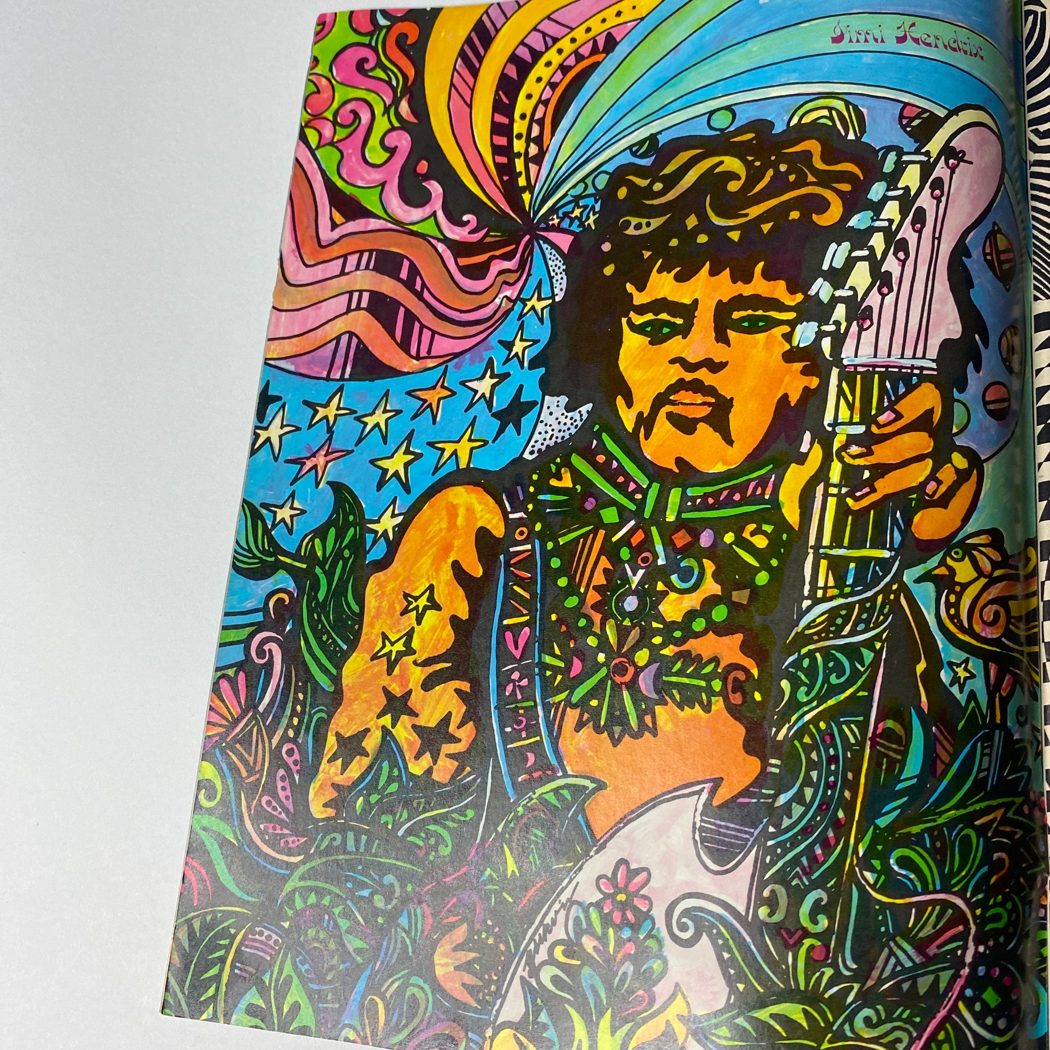 Vibrant illustration featuring Jimi Hendrix in a psychedelic style, showcasing his iconic image, as part of Hullabaloo Magazine, August 1968, Vol 3 No. 6. This unique visual captures the essence of the music era represented in the magazine.