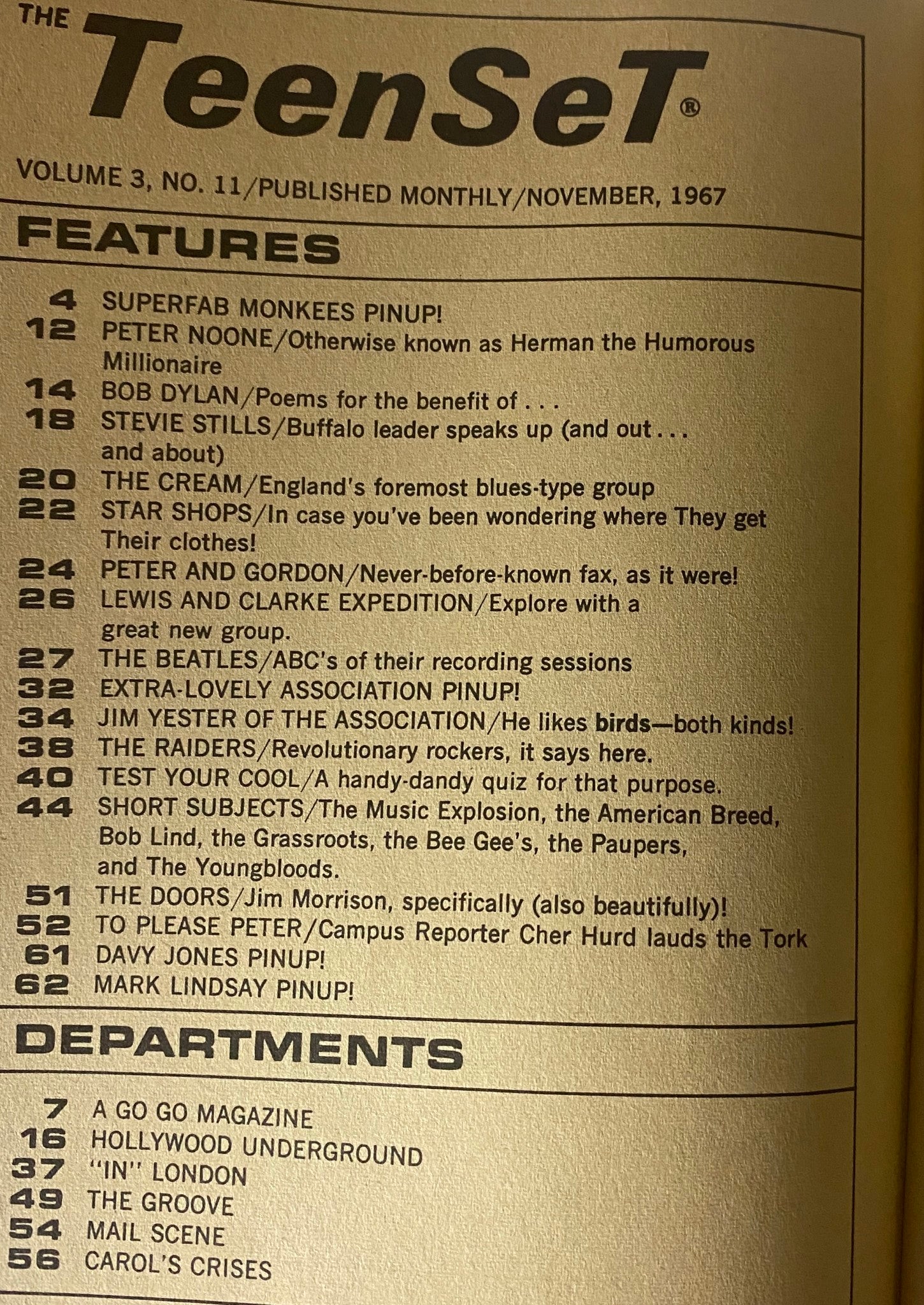 Inside page of Teen Set Magazine November 1967 listing features, including pin-ups and artist interviews, highlighting popular music culture of the time.