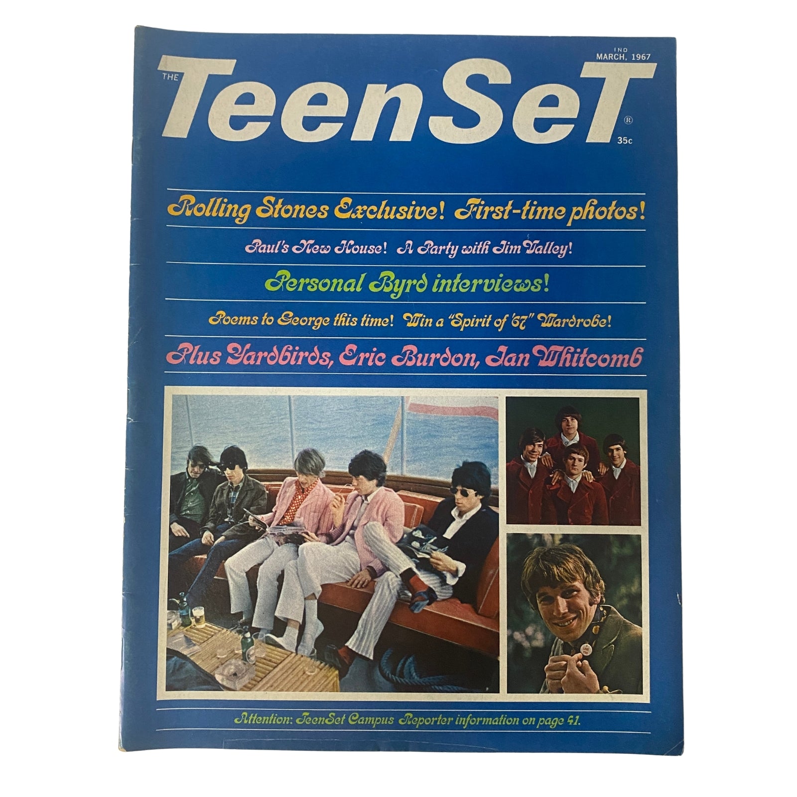 Cover of Teen Set Magazine March 1967 featuring The Rolling Stones, a prominent pin-up, and highlights like personal interviews with The Byrds and features on The Yardbirds.