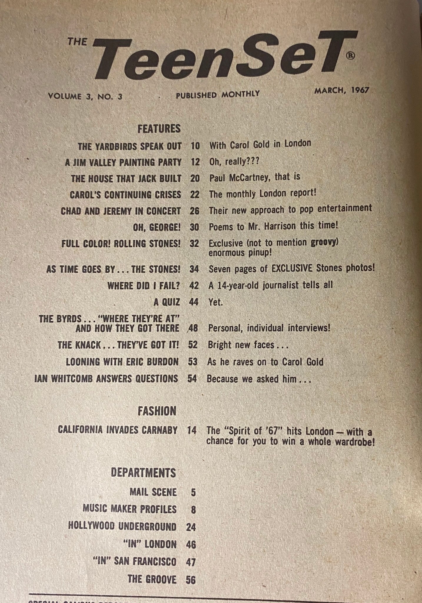 Contents page of Teen Set Magazine March 1967 outlining features like interviews with The Yardbirds, a painting party with Jim Valley, and exclusive Rolling Stones photos.
