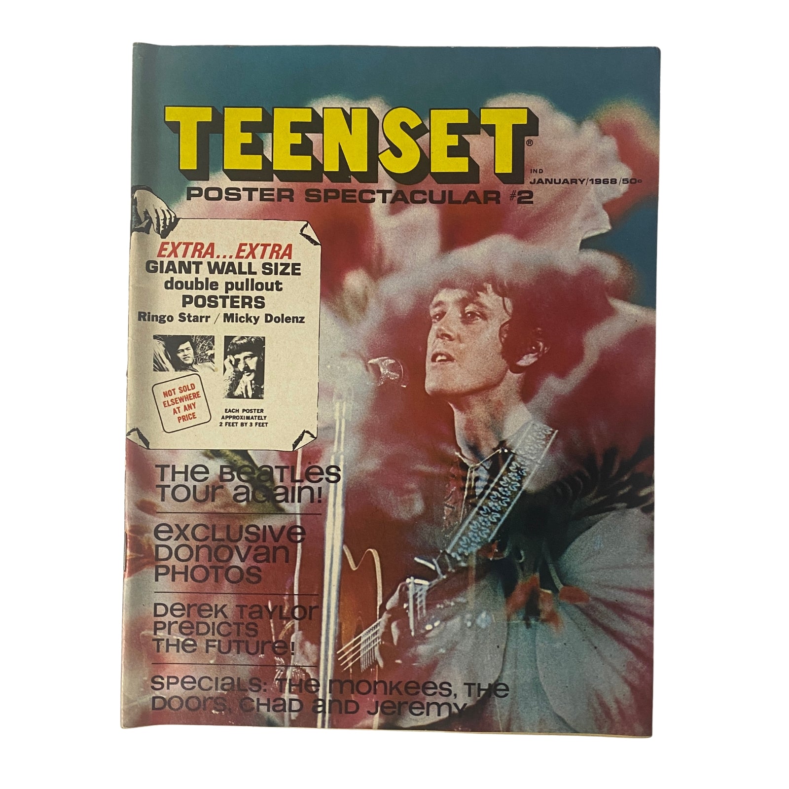 TeenSet Magazine January 1968 Vol. 4 No. 1 cover featuring a vibrant image of a musician and the announcement of exclusive Beatles features and Donovan photos.