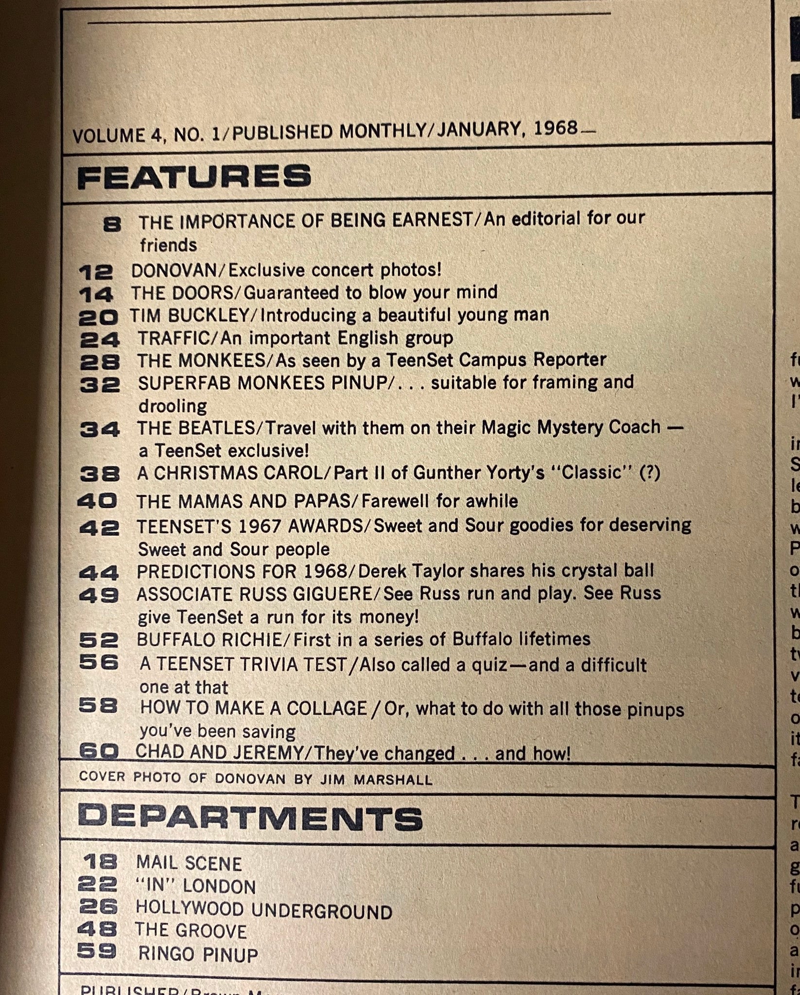 TeenSet Magazine January 1968 Vol. 4 No. 1 contents page listing features including The Beatles, Donovan, and predictions for the future by Derek Taylor.