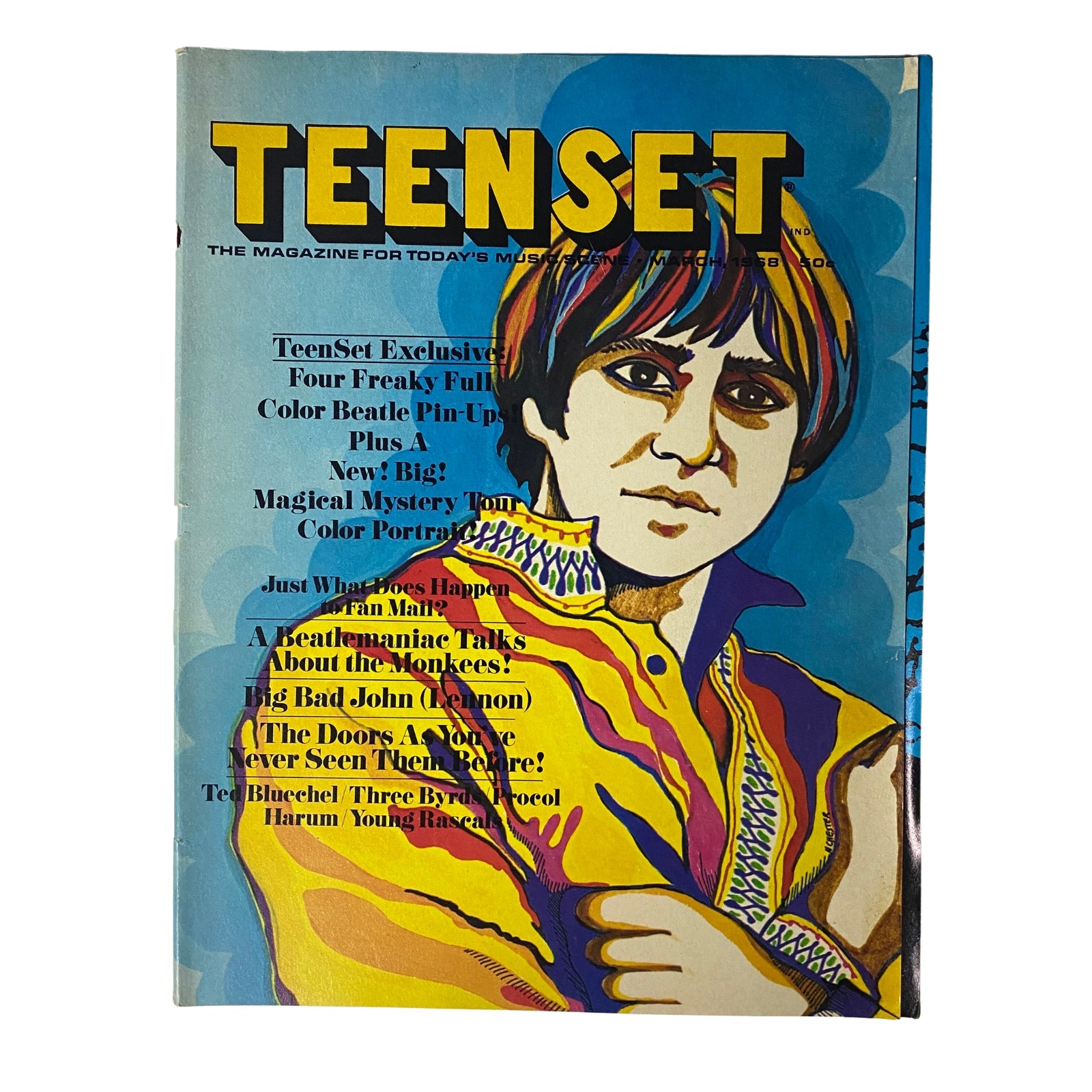 TeenSet Magazine cover from March 1968 featuring Davy Jones, with vibrant artwork and headlines showcasing exclusive articles and pin-ups.