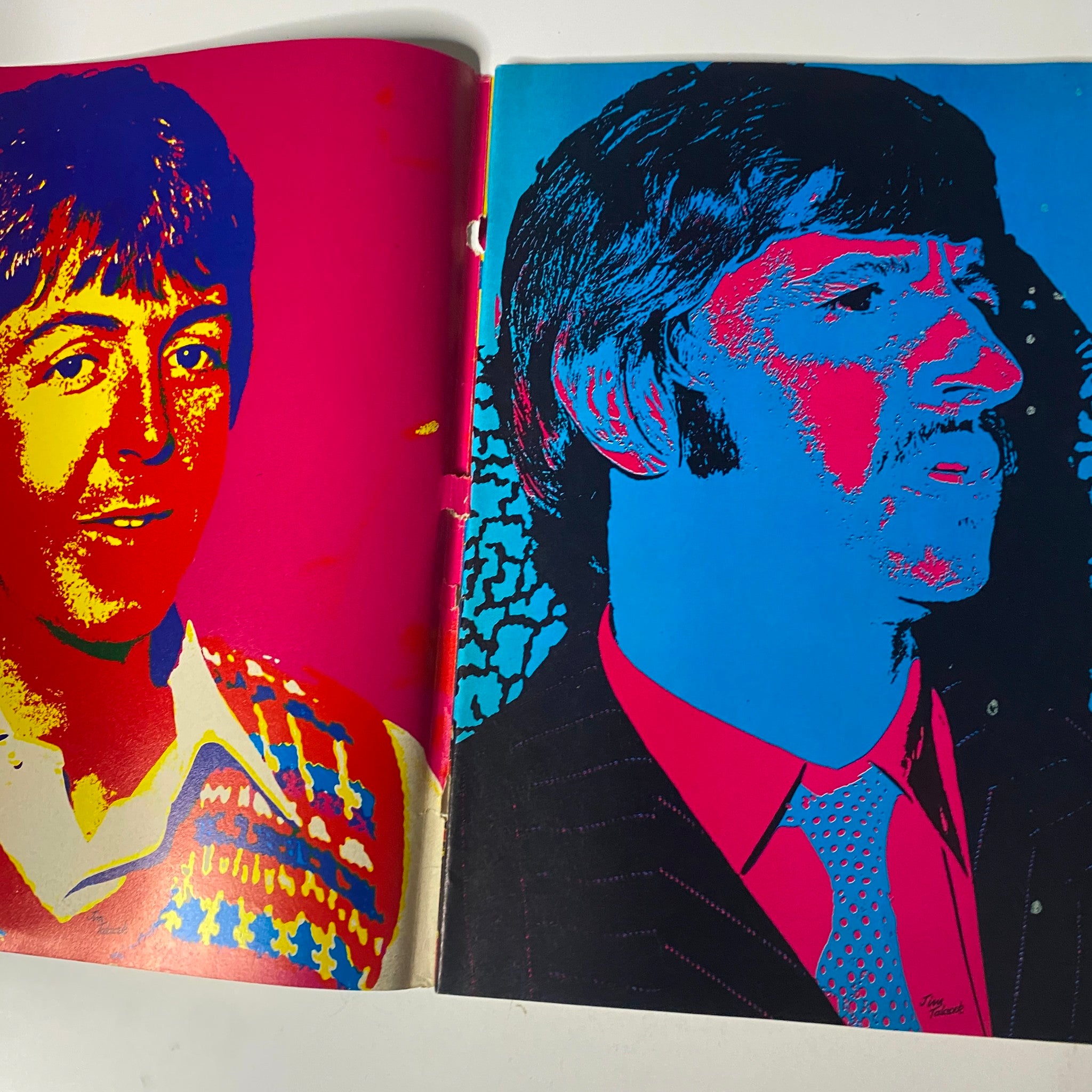 Open pages of TeenSet Magazine featuring colorful artwork of The Beatles, showcasing Paul McCartney and Ringo Starr in a vibrant and artistic style.