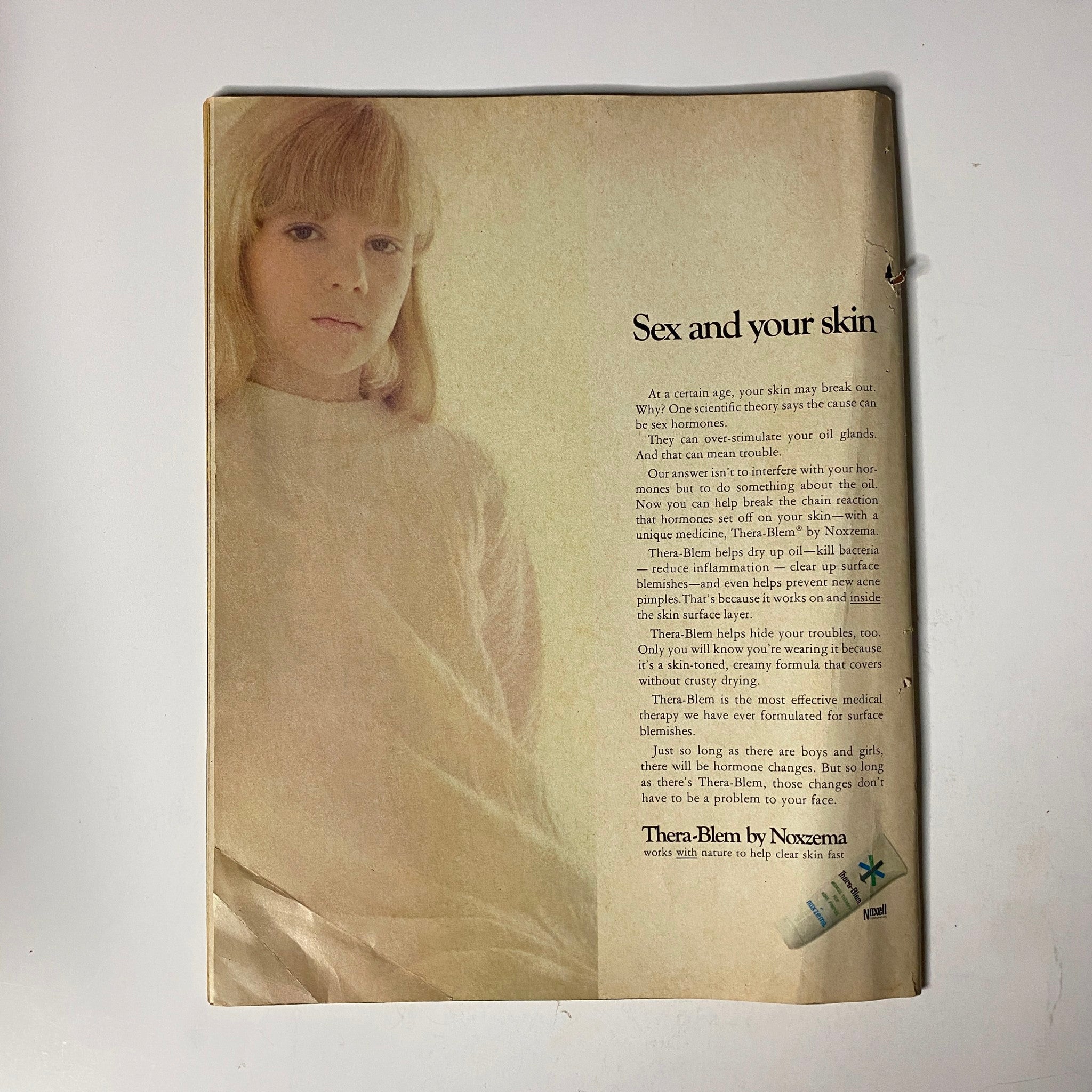 TeenSet Magazine July 1968 advertisement featuring skincare advice titled 'Sex and your skin' with a young model. Captures the aesthetics of the late 1960s and promotes Thera-Blem by Noxzema.