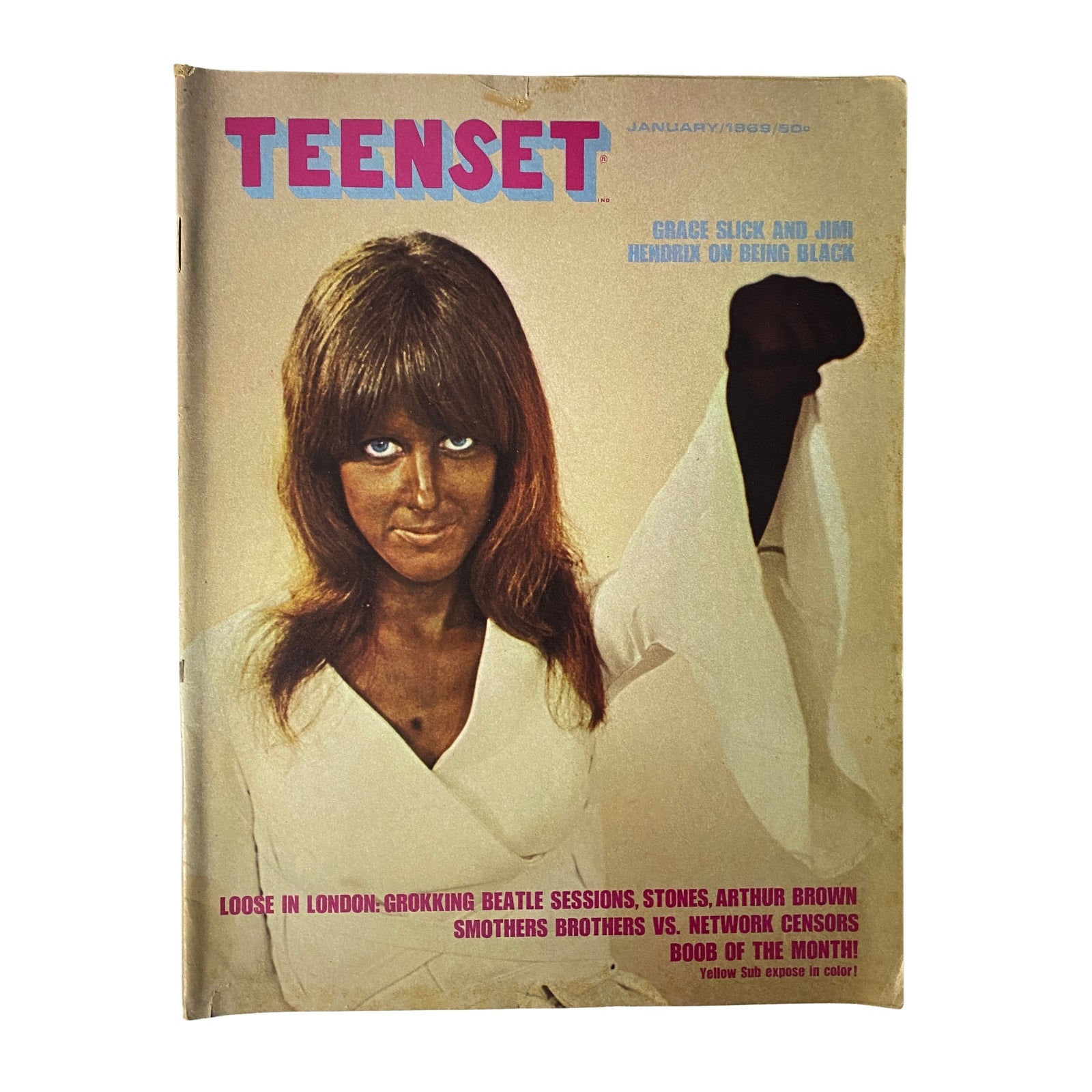 TeenSet Magazine January 1969 Vol. 5 No. 1 cover featuring Grace Slick with a striking photo. The magazine highlights cultural and musical insights from the late 1960s.