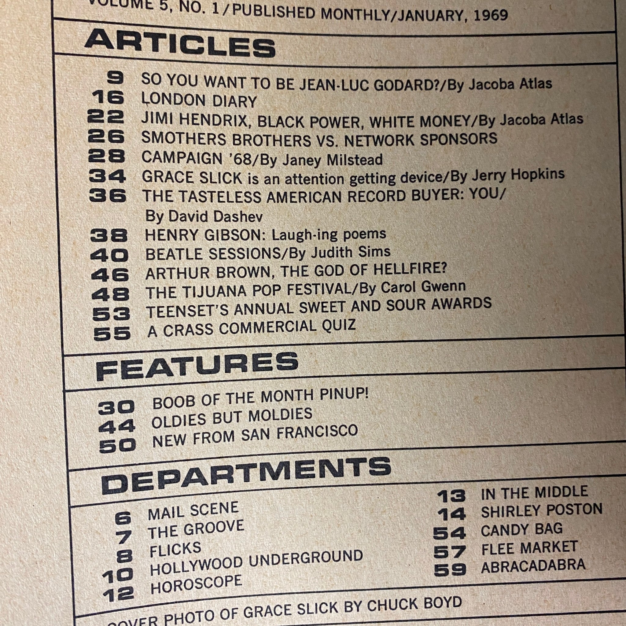 Inside page of TeenSet Magazine January 1969 Vol. 5 No. 1 showcasing the table of contents with articles about Jean-Luc Godard, Jimi Hendrix, and more.