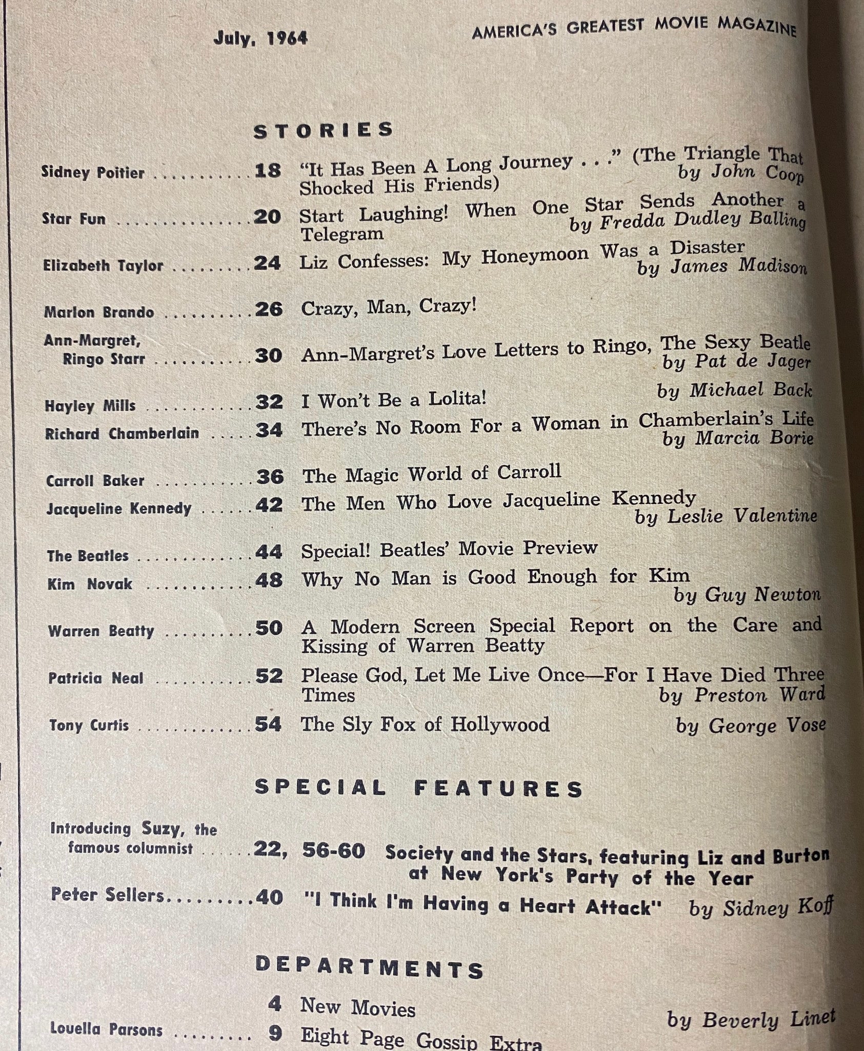 Table of contents for Modern Screen Magazine July 1964, detailing stories including Sidney Poitier, Marlon Brando, and Ann-Margret.