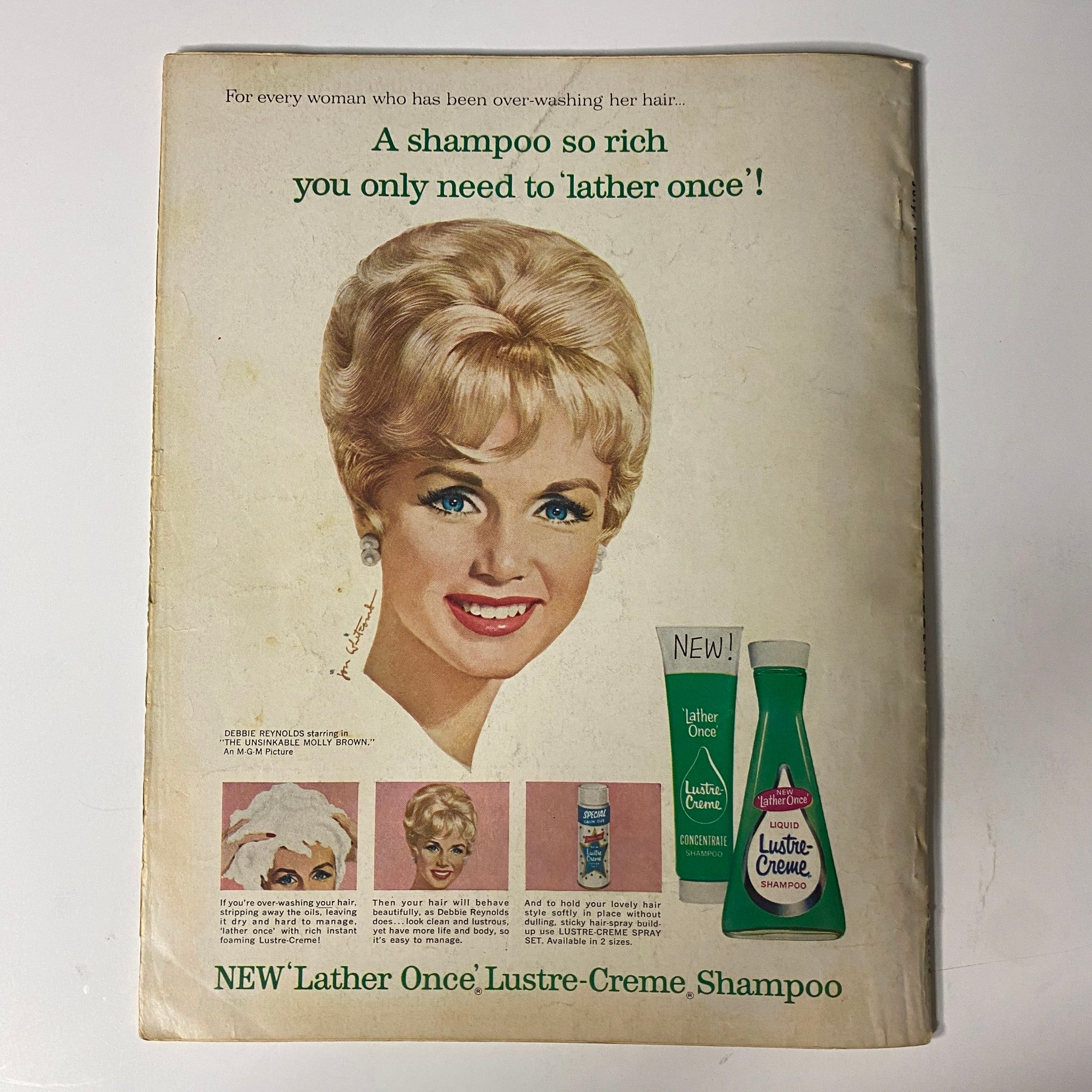 Back cover advertisement for Lustre-Creme Shampoo from Modern Screen Magazine July 1964, promoting its rich formula for hair care.
