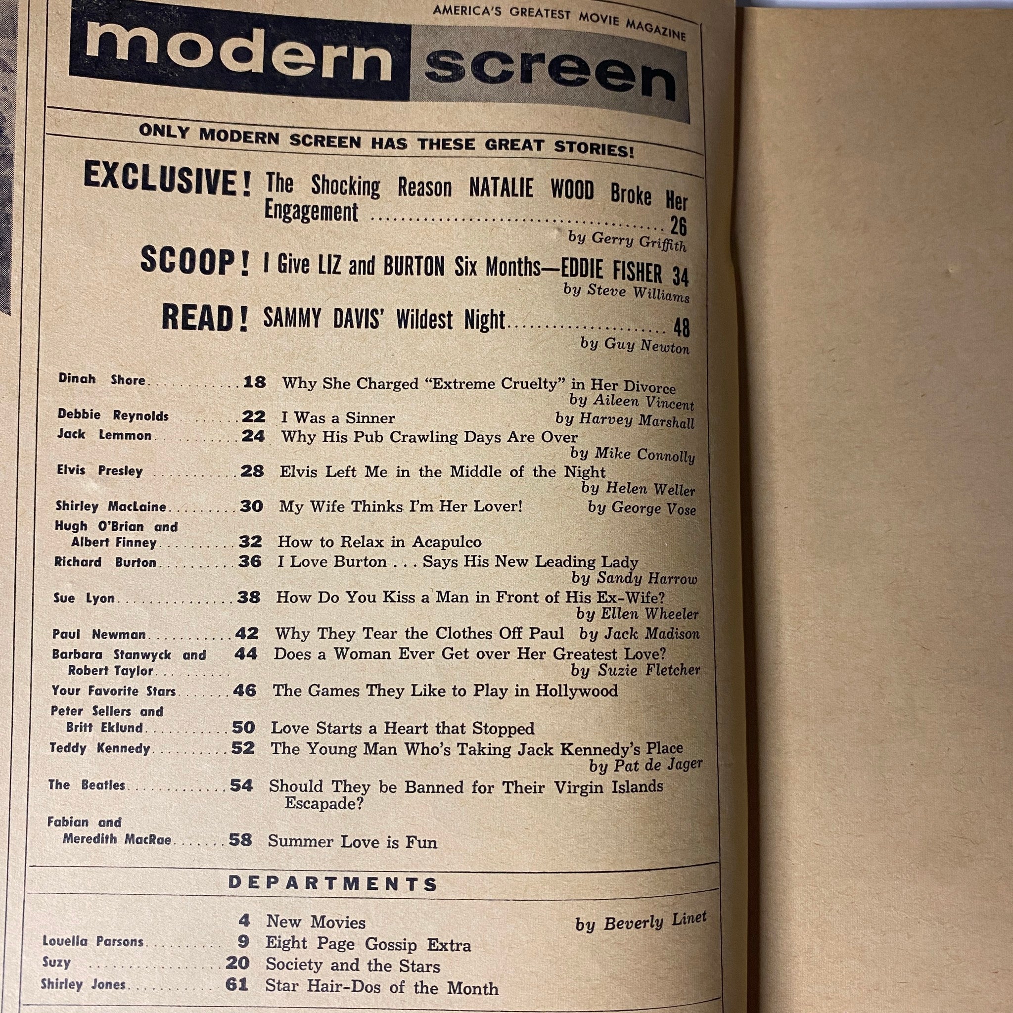Interior page from Modern Screen Magazine August 1964, listing exclusive interviews and features, including articles on Debbie Reynolds, Liz Taylor, and various Hollywood scandals.