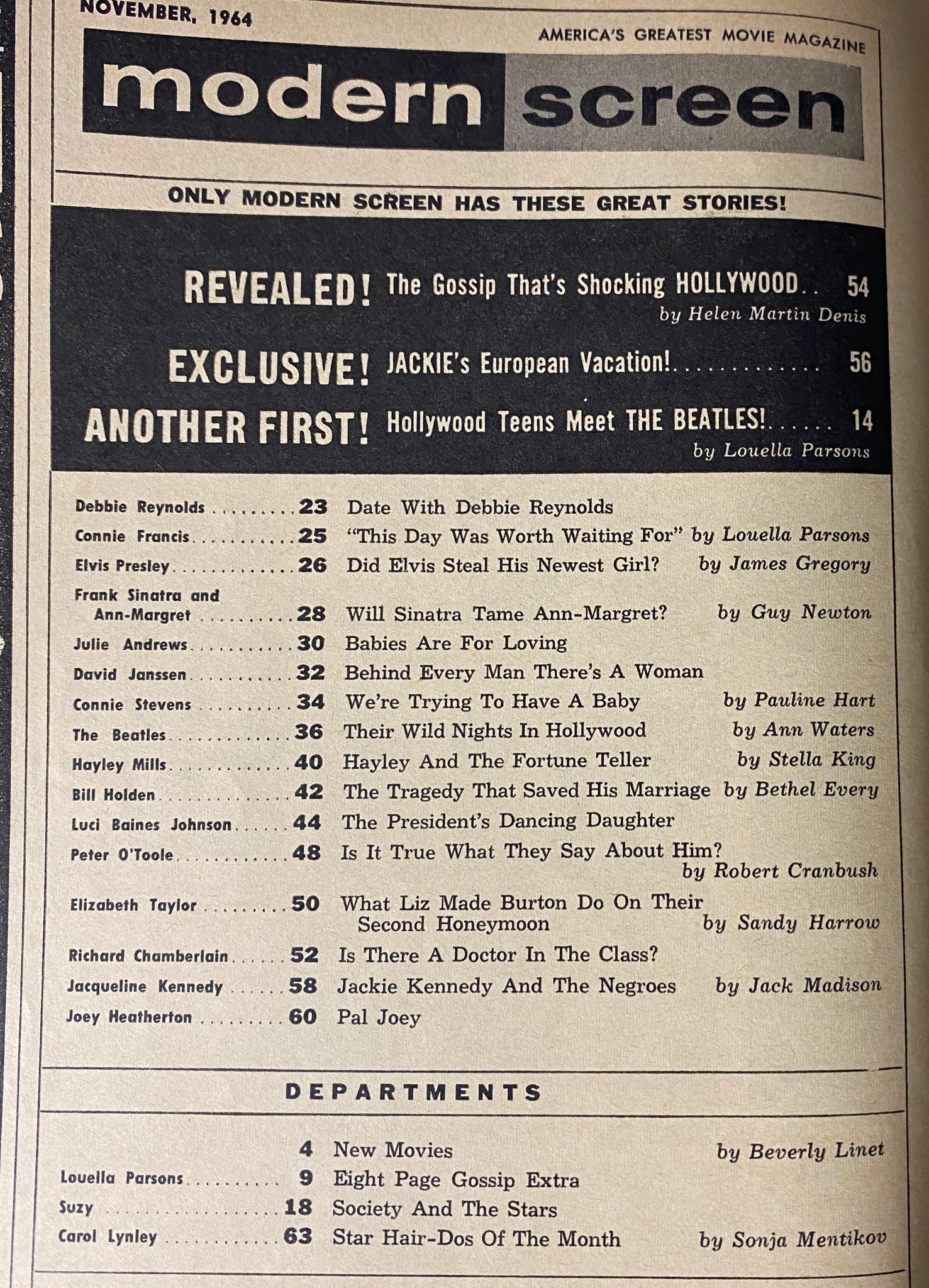 Inside page of Modern Screen Magazine November 1964 displaying a content list with feature stories on Debbie Reynolds, Jackie Kennedy, Elizabeth Taylor, and many more. A glimpse into Hollywood gossip and cultural insights from the mid-1960s.