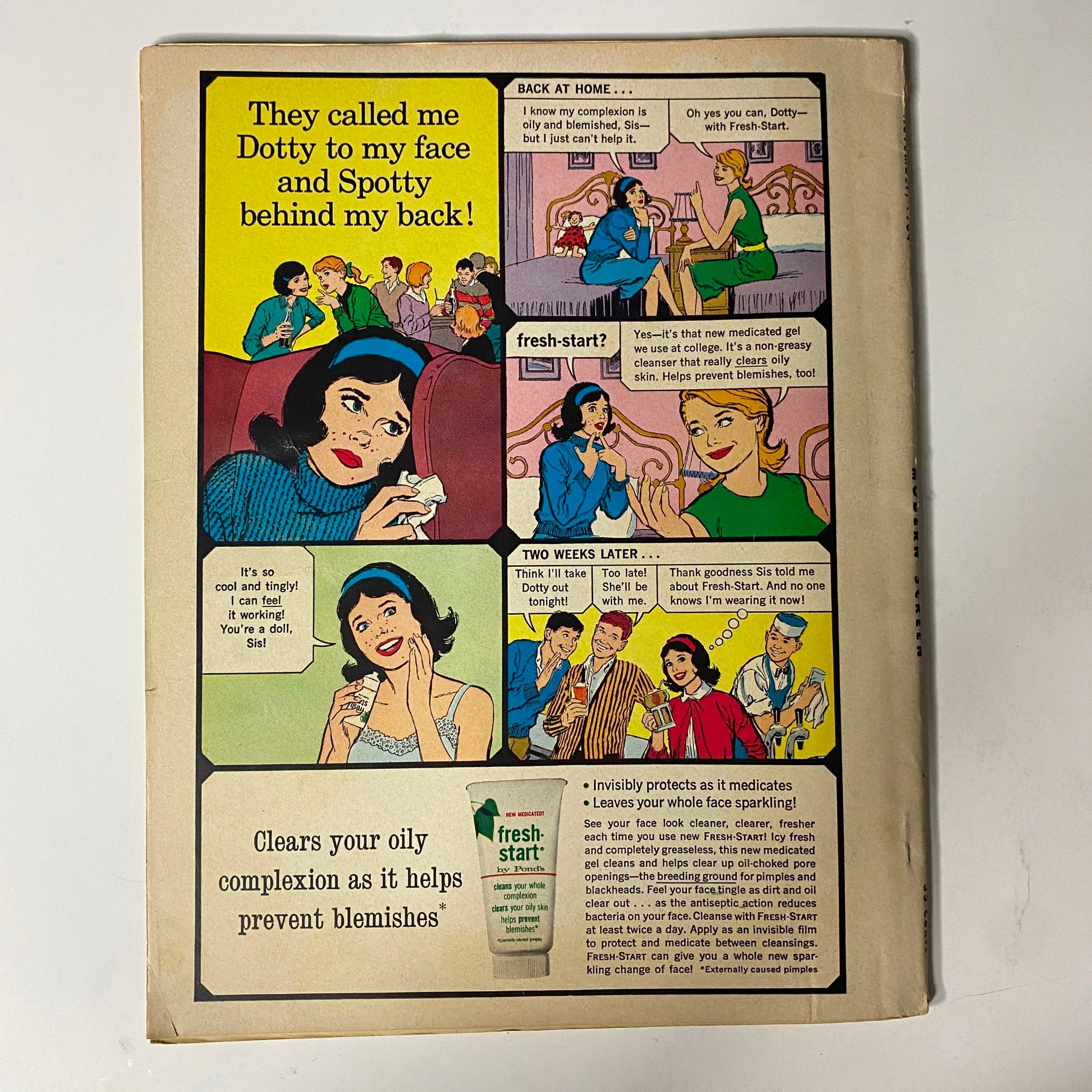 Back cover of Modern Screen Magazine November 1964 featuring a comic-style illustration of a woman discussing skincare concerns, promoting 'fresh-start' complexion treatment, relevant to its theme of celebrity culture and beauty trends.
