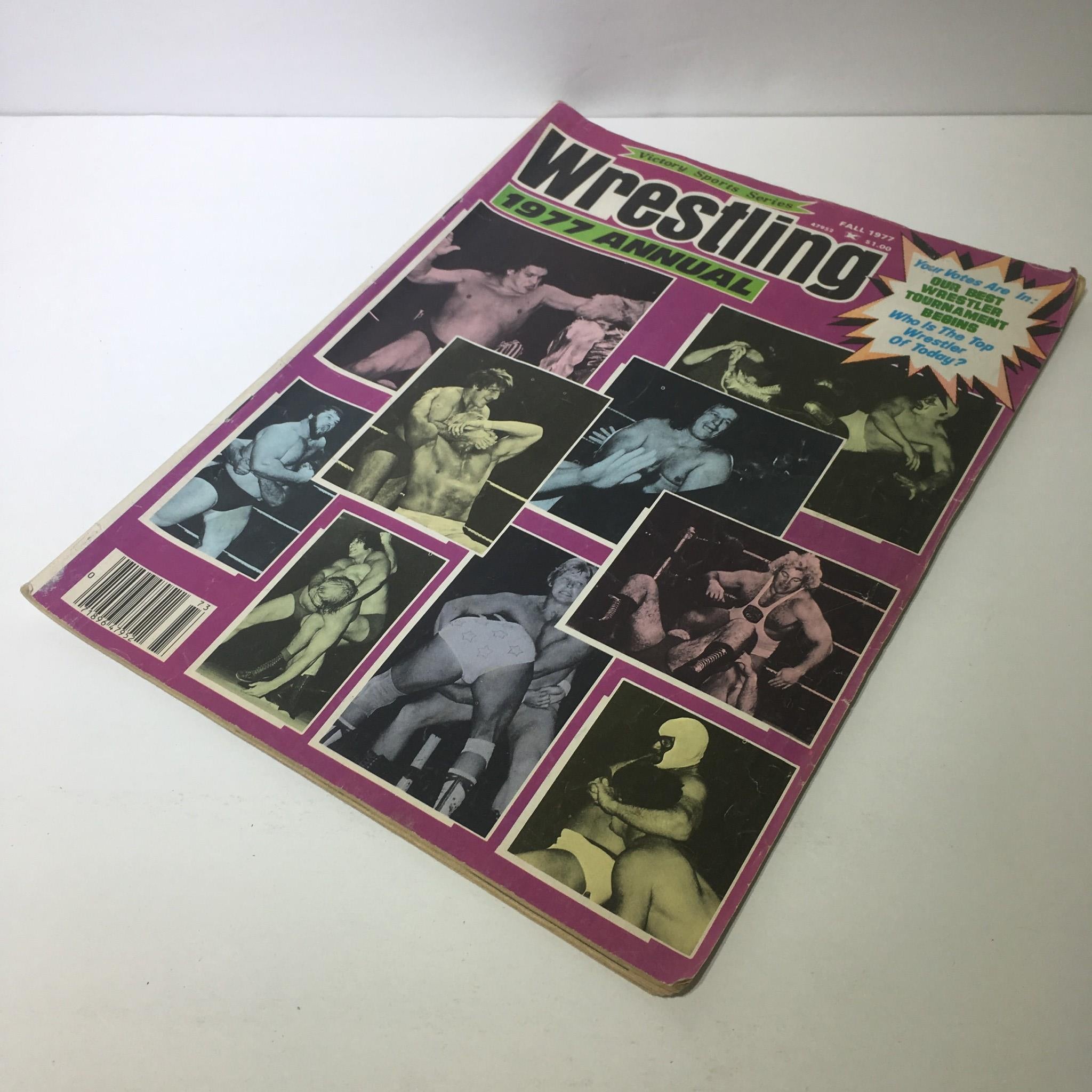 Front cover of the Victory Sports Series: Wrestling Annual - Fall 1977, displaying dynamic wrestling images and text highlighting its status as a collectible.