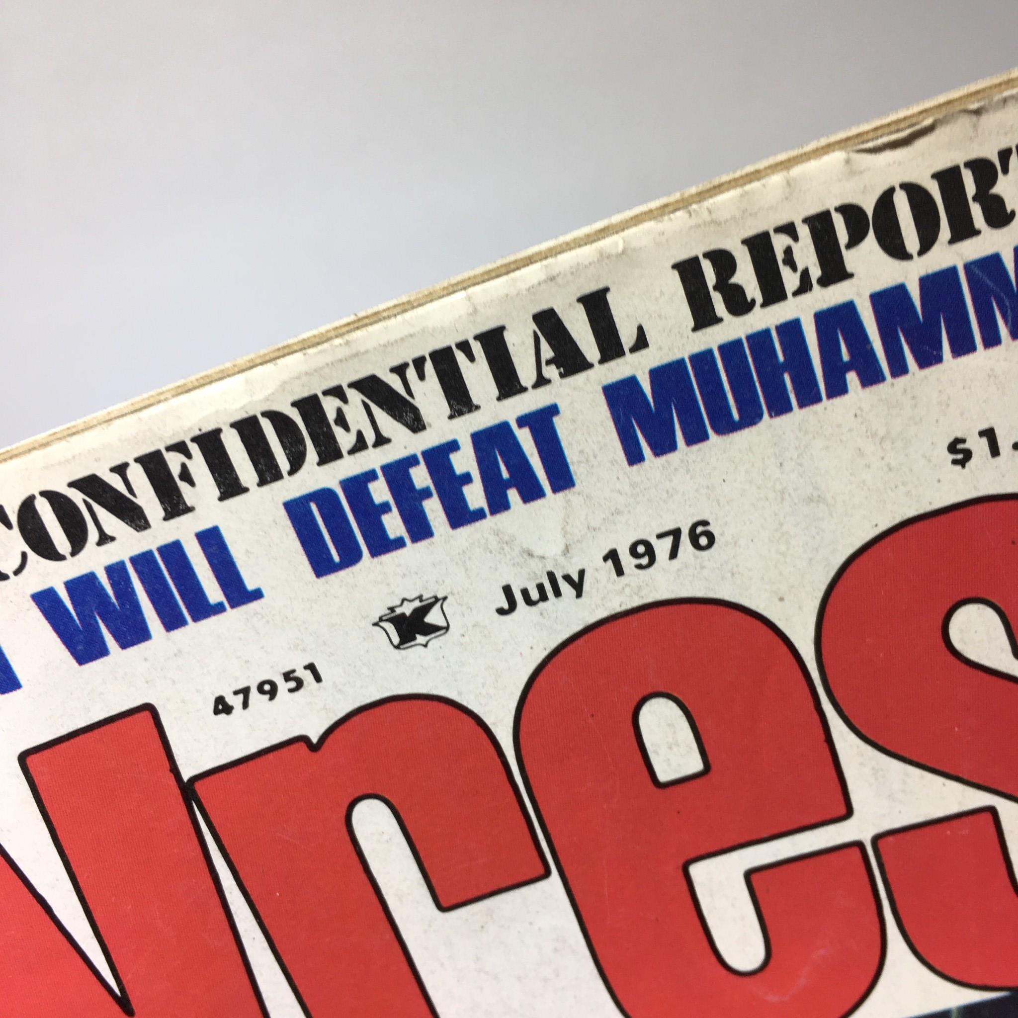 Close-up of The Wrestler Magazine July 1976 title highlighting the text 'CONFIDENTIAL REPORT: INOKI WILL DEFEAT MUHAMMAD ALI'.