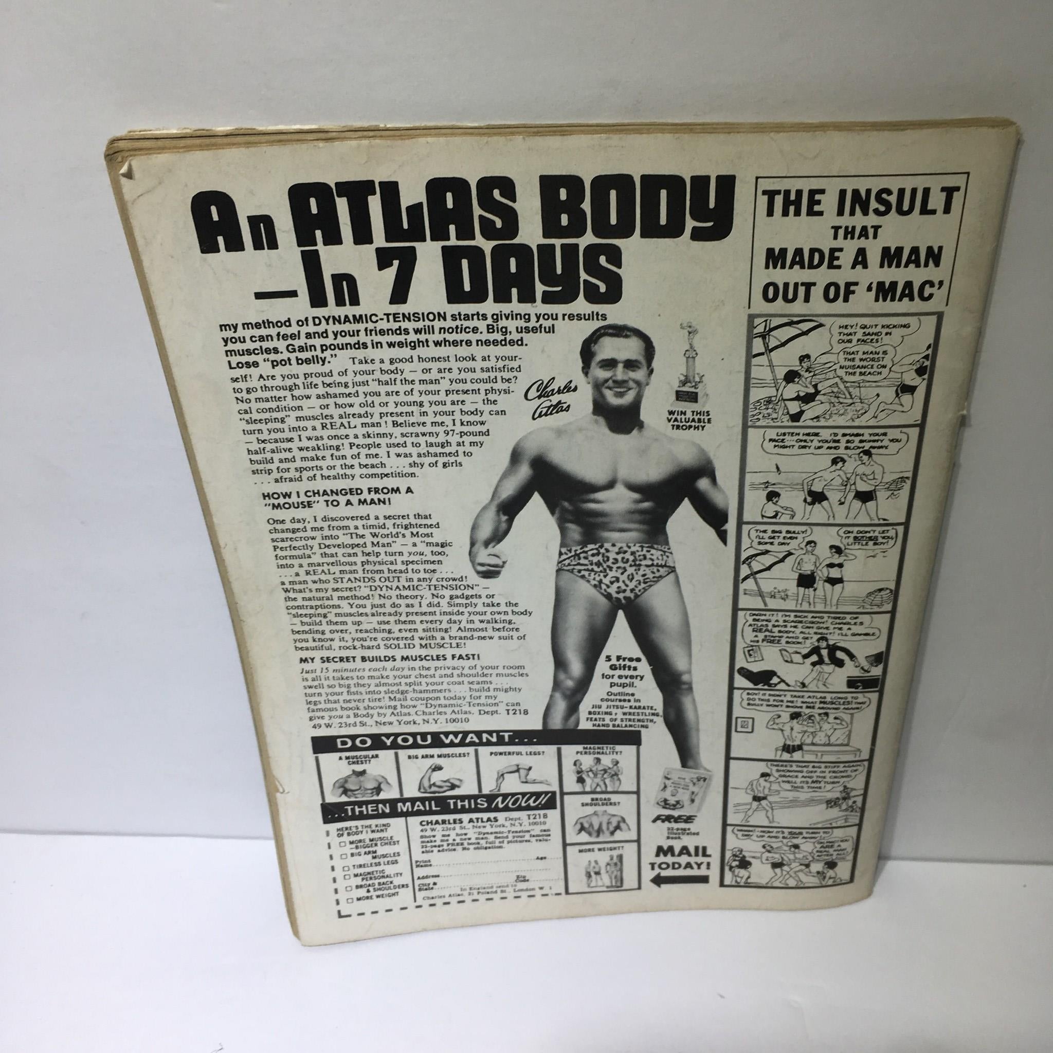 Back cover of The Wrestler Magazine July 1976, promoting Charles Atlas fitness program amidst vintage illustrations and advertisements, featuring wrestling theme.