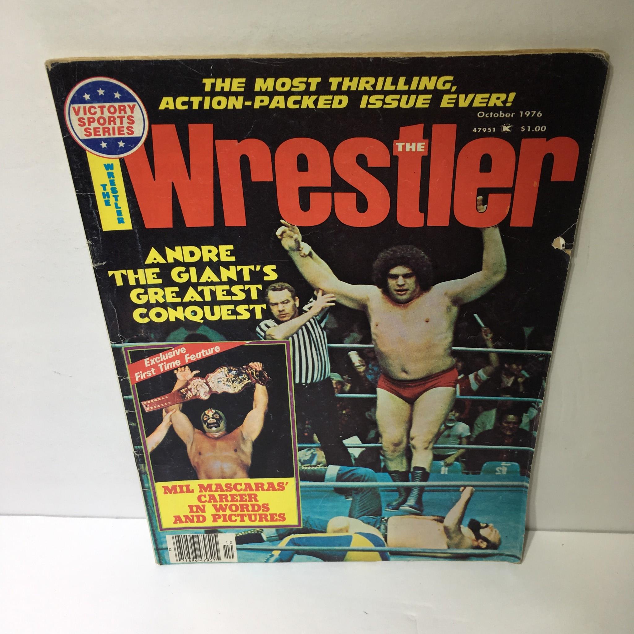 The Wrestler Magazine October 1976 featuring Andre The Giant on the cover. Iconic vintage wrestling magazine showcasing Andre's greatest conquest with vibrant colors and action-packed imagery.