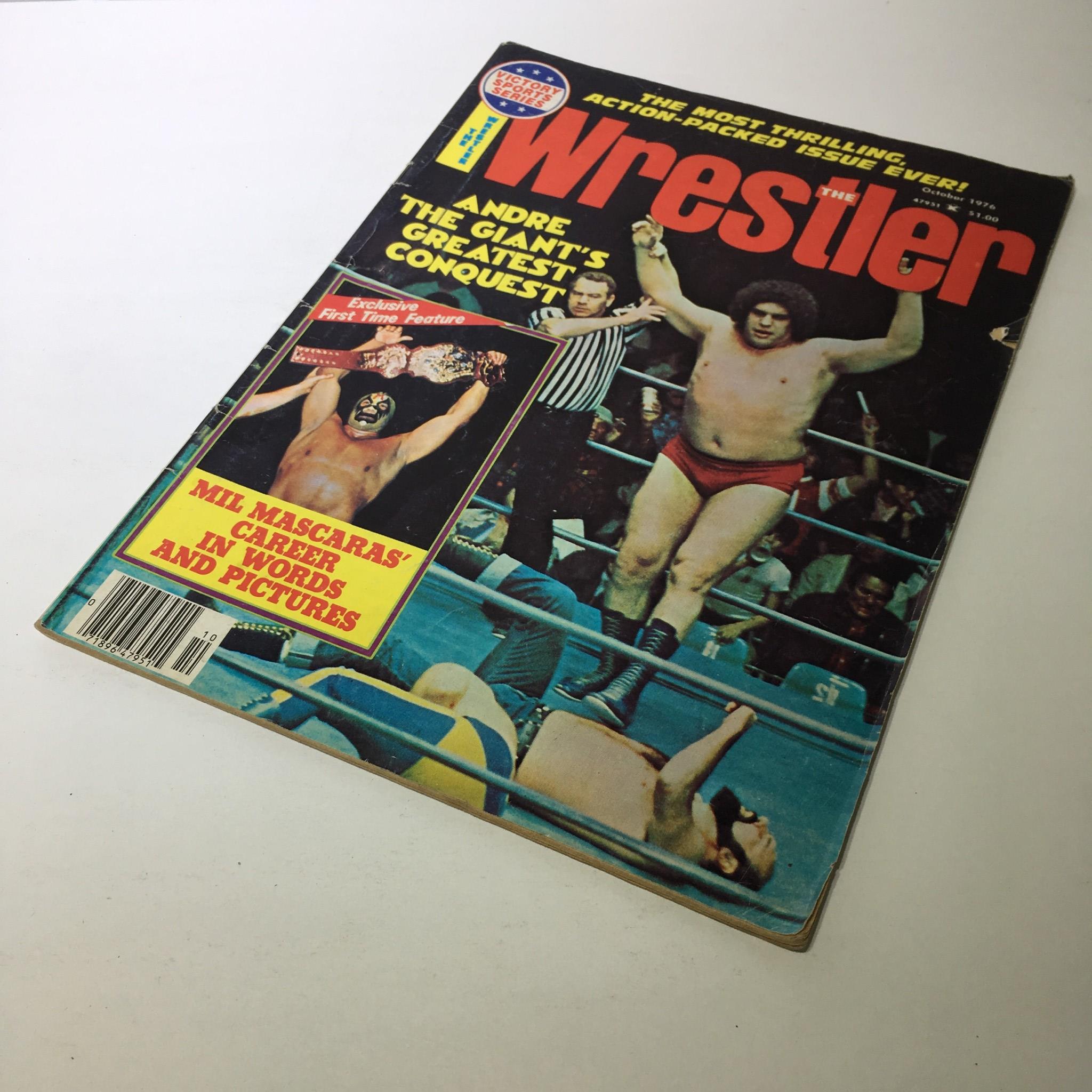 Front cover image of The Wrestler Magazine October 1976, featuring Andre The Giant and showcasing a wrestling match scene, highlighting its significance in wrestling history.